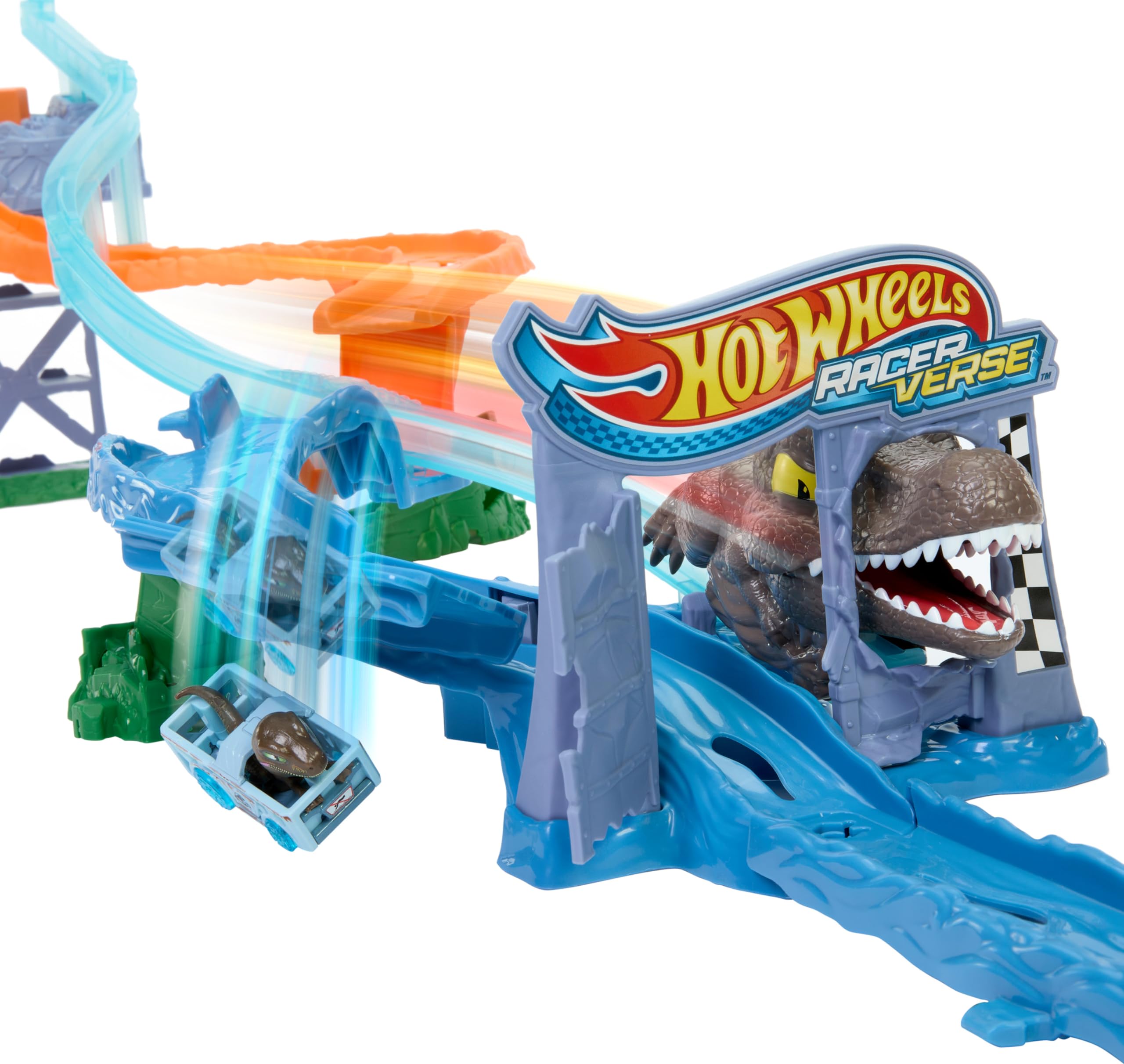 Hot Wheels Tor Samochodowy, RacerVerse Jurassic World Crash & Splash z Velociraptorem i Spinozaurem, JFP32