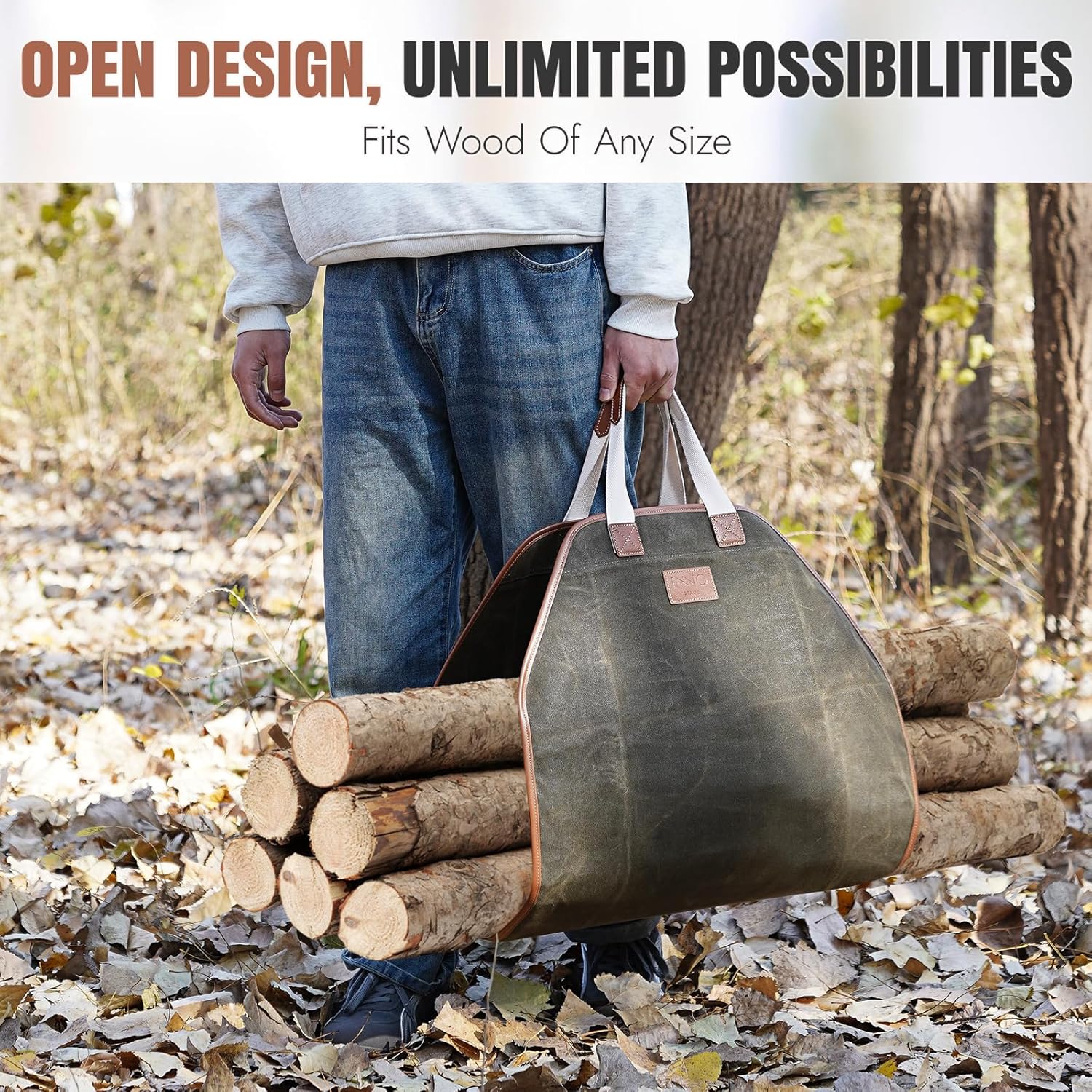 INNO STAGE Firewood Carrier - Waxed Canvas Wood Carrier for Firewood, Heavy Duty Log Carrier Bag As Wood Stove Accessories - Image 5