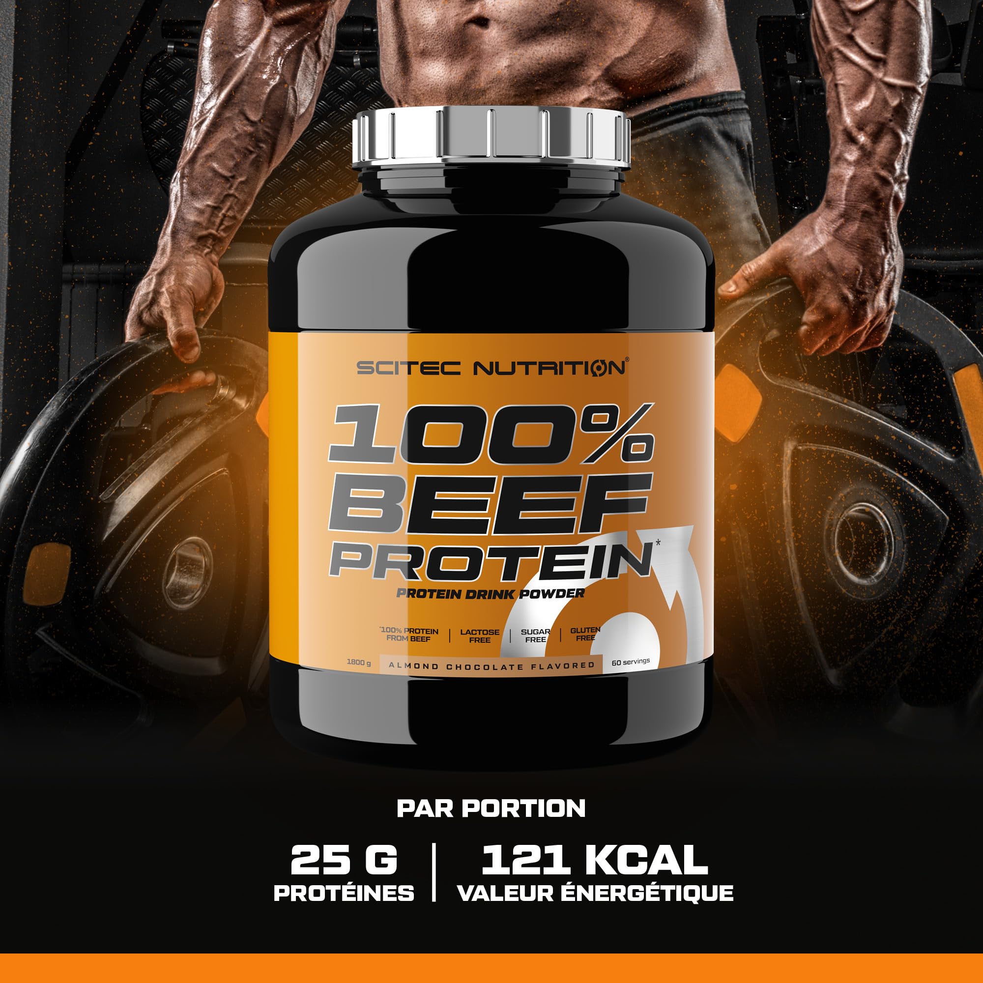 Scitec Nutrition 100% Beef Protein, Boisson protéinée en poudre aromatisée, Sans lactose, Sans sucre, Sans gluten, 1,8 kg, Chocolat aux amandes