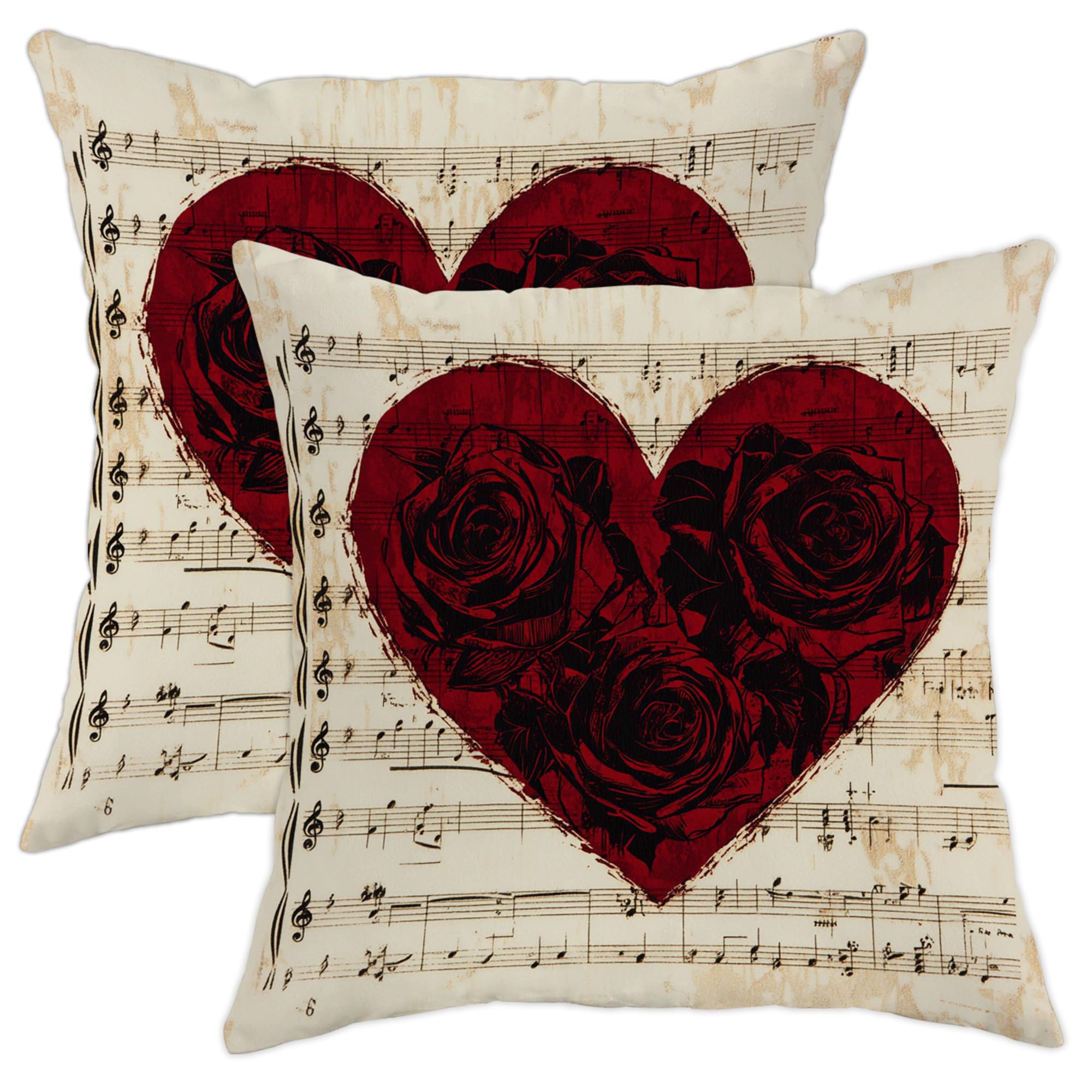 Set di 2 federe per cuscini con cuore e rosa, colore bordeaux, motivo note musicali, quadrate, vintage, decorative, per divano, letto, divano, 50,8 x 50,8 cm