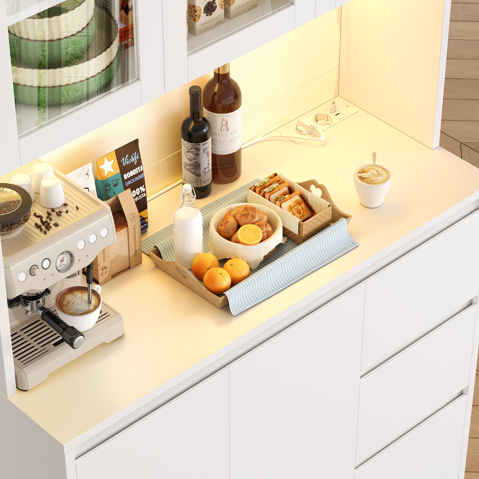 FirFurd Credenza Cucina, Credenza Alta con Luci a LED e Prese, Mobile Buffet con Cassetti e Armadi, Ripiani Regolabili, per Cucina, Soggiorno, Studio180x100x38,5cm (Bianco)