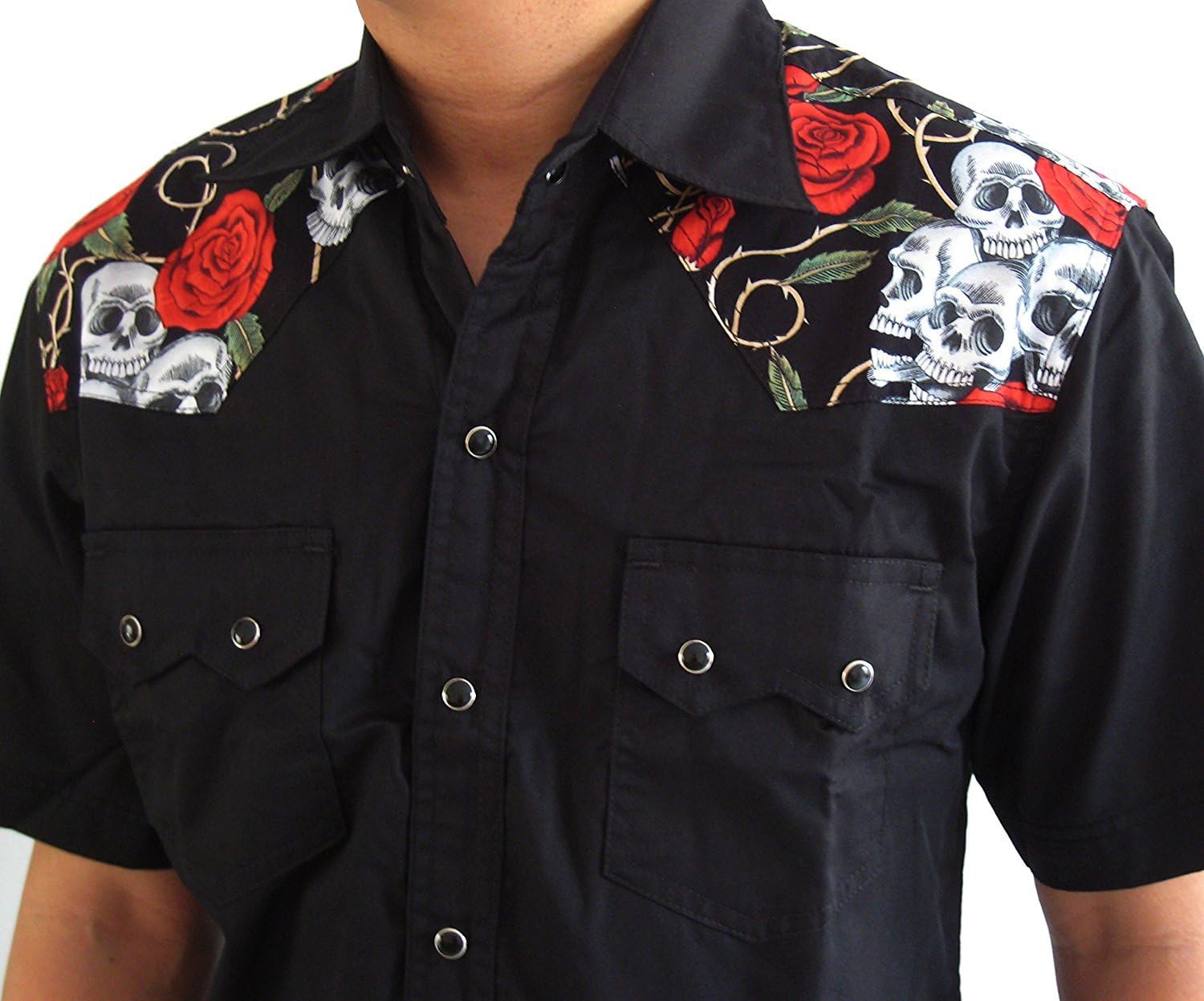 Rockabilly Men's Asia Size Short Sleeve Shirt Cowboy Western Skull Roses Rock Punk