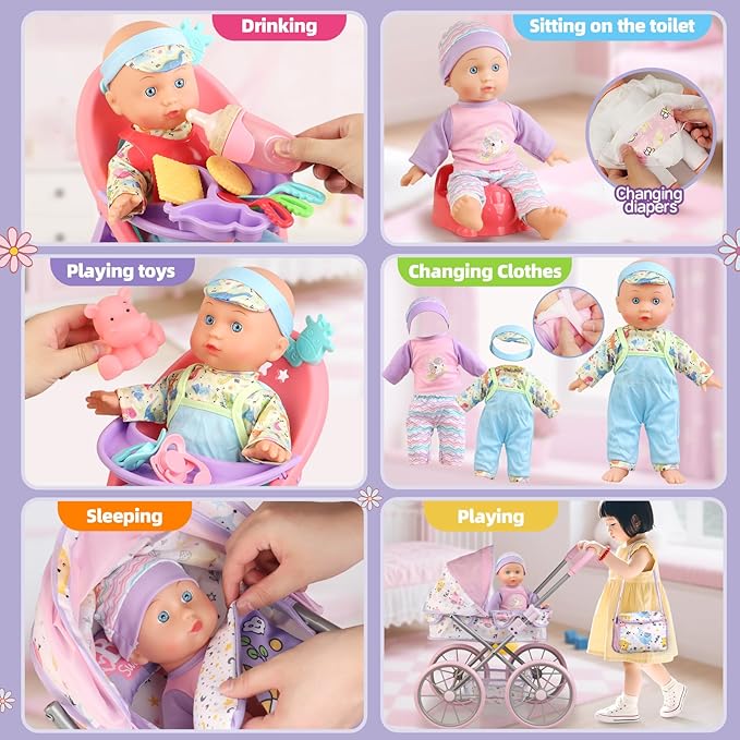 Baby Doll Stroller Playset for Girls Toddlers 3-5 4-6 5-7 Year Old to Play House Games. Stroller Toy with 12.5" Baby Doll, Dining Chair, Quilt Pillow, 24 PCS Doll Accessories and 2 Sets Clothes.