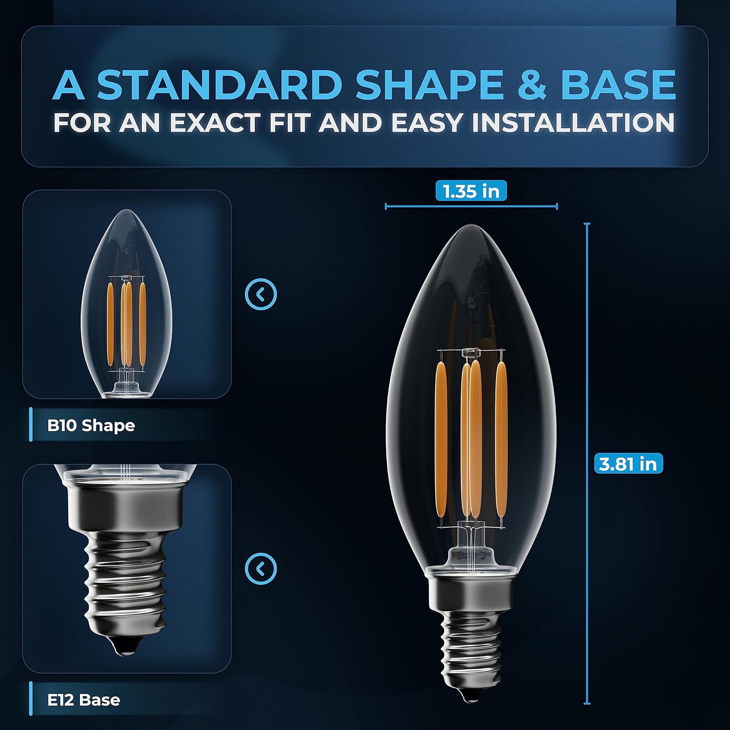 BlueStars 12-Pack Dimmable B10 E12 LED Bulbs 4W 2700K Warm White, 40W Equivalent, E12 Candelabra Base B10/B11 Bullet Shape 440 lumens for Holiday Home Decoration, Ceiling Fans, Chandeliers
