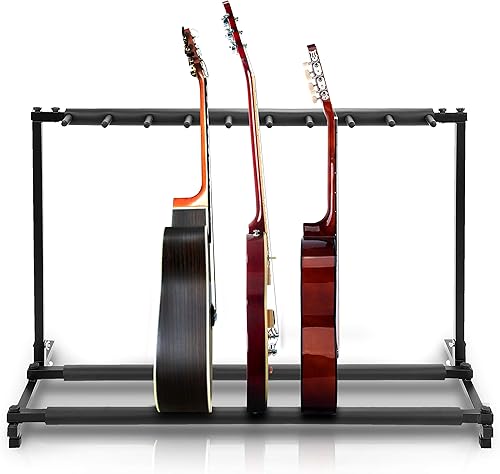Pyle 9-Space Foldable Universal Multi Guitar Stand - Guitar Stand Portable Collapsible Instrument Floor Guitar Rack Holder w Foam Padding - For