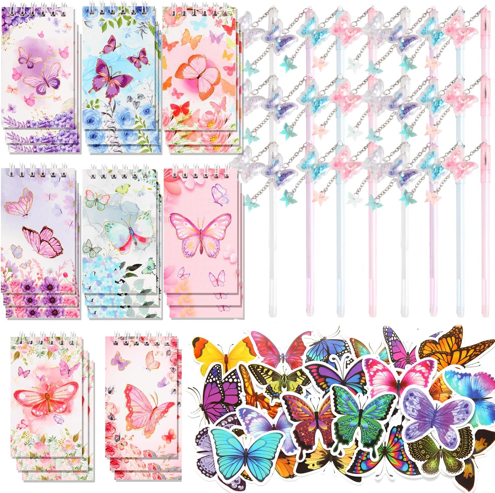 LiYiQ 148 Pcs Butterfly Party Favors: Pink, Blue, Yellow, Green Cat-Themed Stationery Set - Butterfly Pens, Stickers, Notepads for Insect Birthday Party, Classroom Rewards
