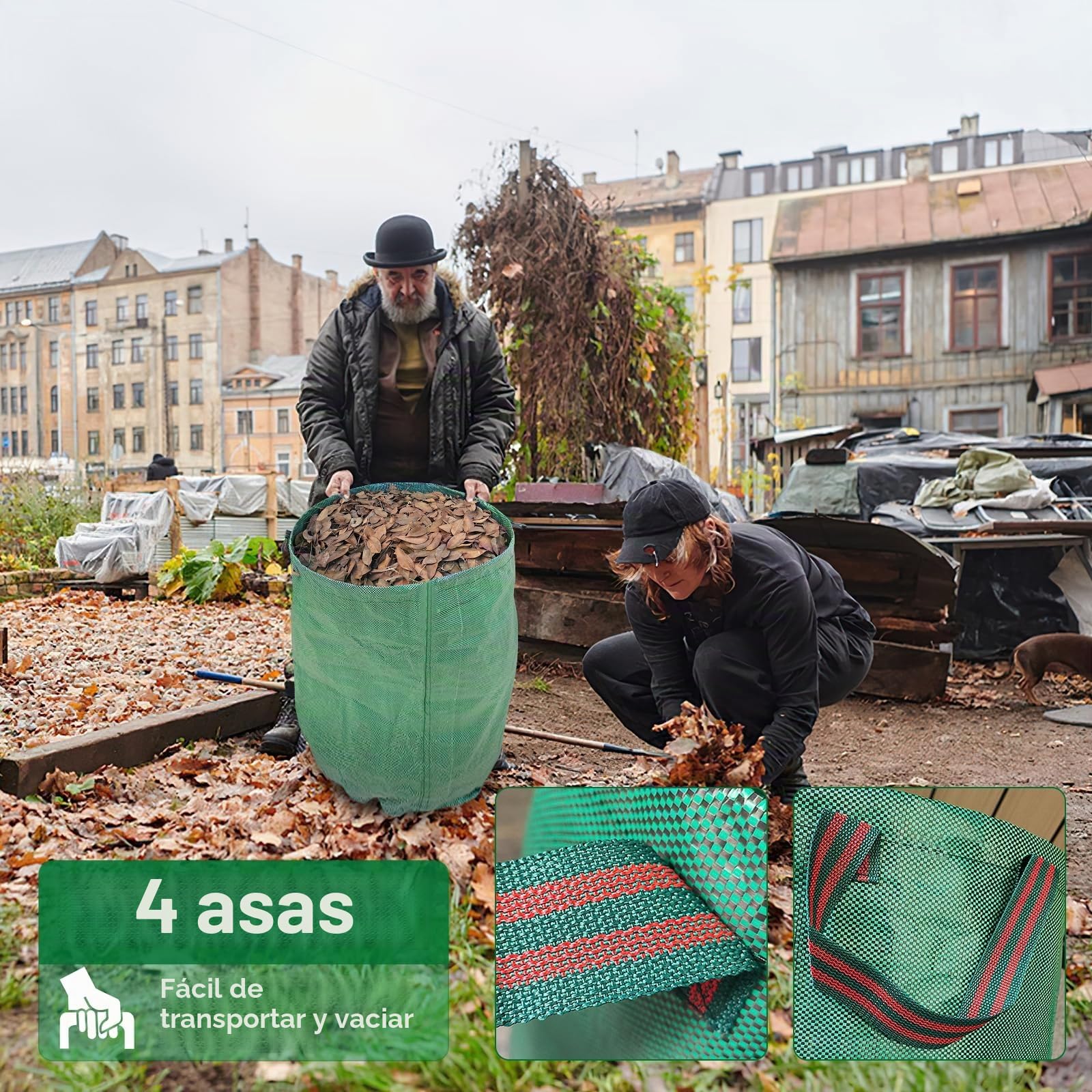 4X Bolsas de Basura de Jardín, 272 L Sacos Con Asas, Plegables, Repelentes al Agua, Reutilizables y Estables