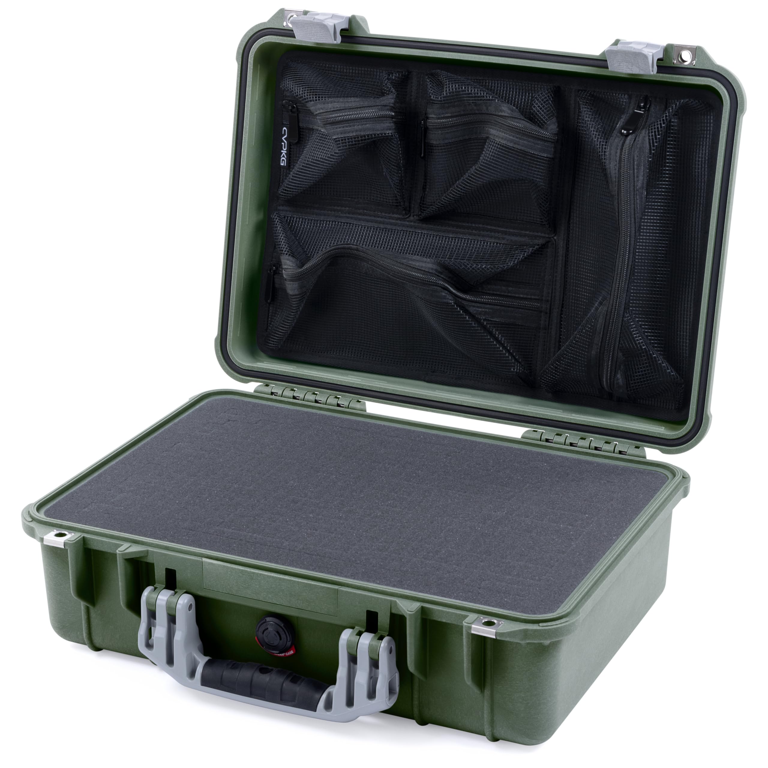 ColorCase Pelican 1500 Case OD Green - Medium Size Waterproof Case with Pick & Pluck Foam Set & Mesh Lid Organizer - Silver Handles & Latches