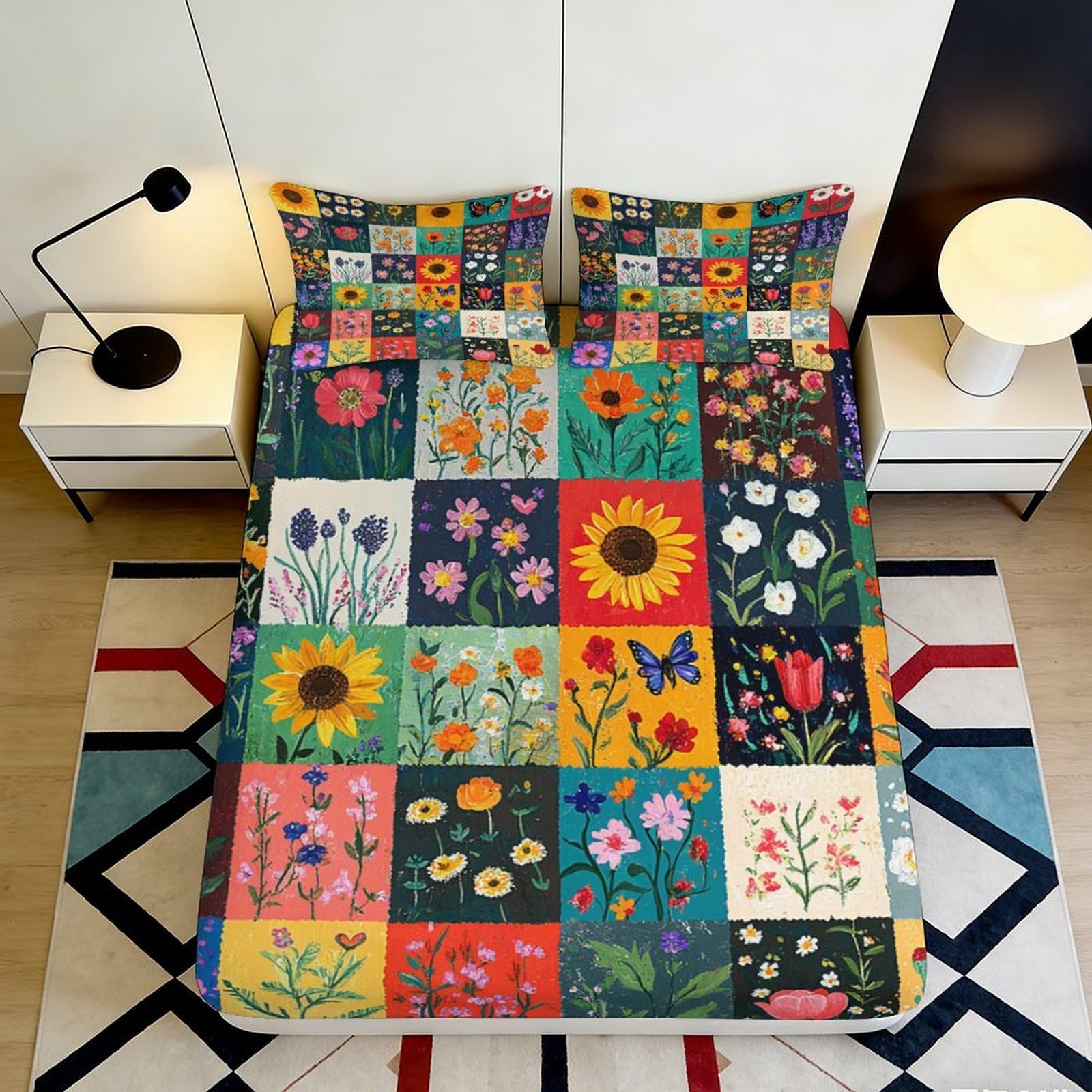 3D Printed Patchwork Floral Fitted Sheet Microfiber Deep Pocket Non-Slip Bedroom Patchwork Floral Mattress Fitted Cover 160x200x25cm
