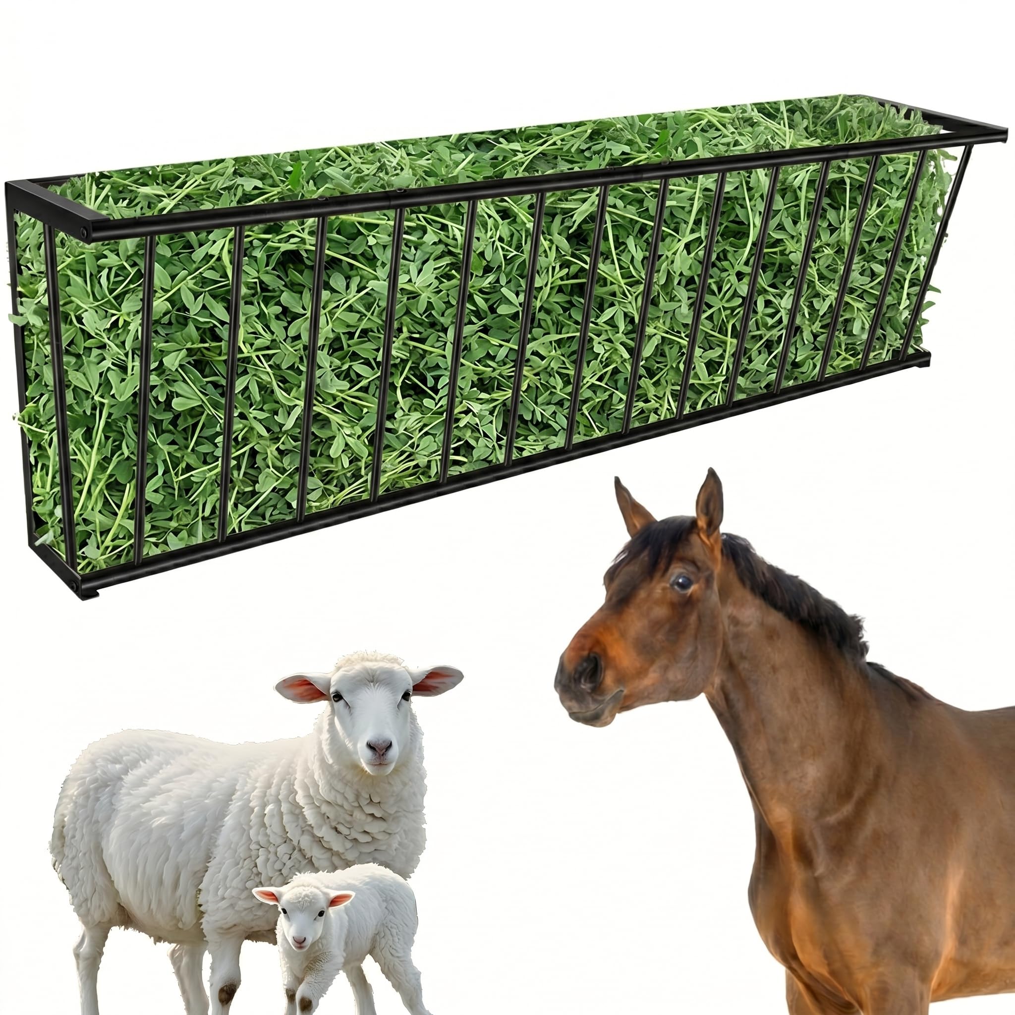 Alimentador de heno de metal para montaje en pared, 60 pulgadas de largo, 65 galones, comedero para ganado, cabras, caballos, ganado, estante para heno para interiores y exteriores