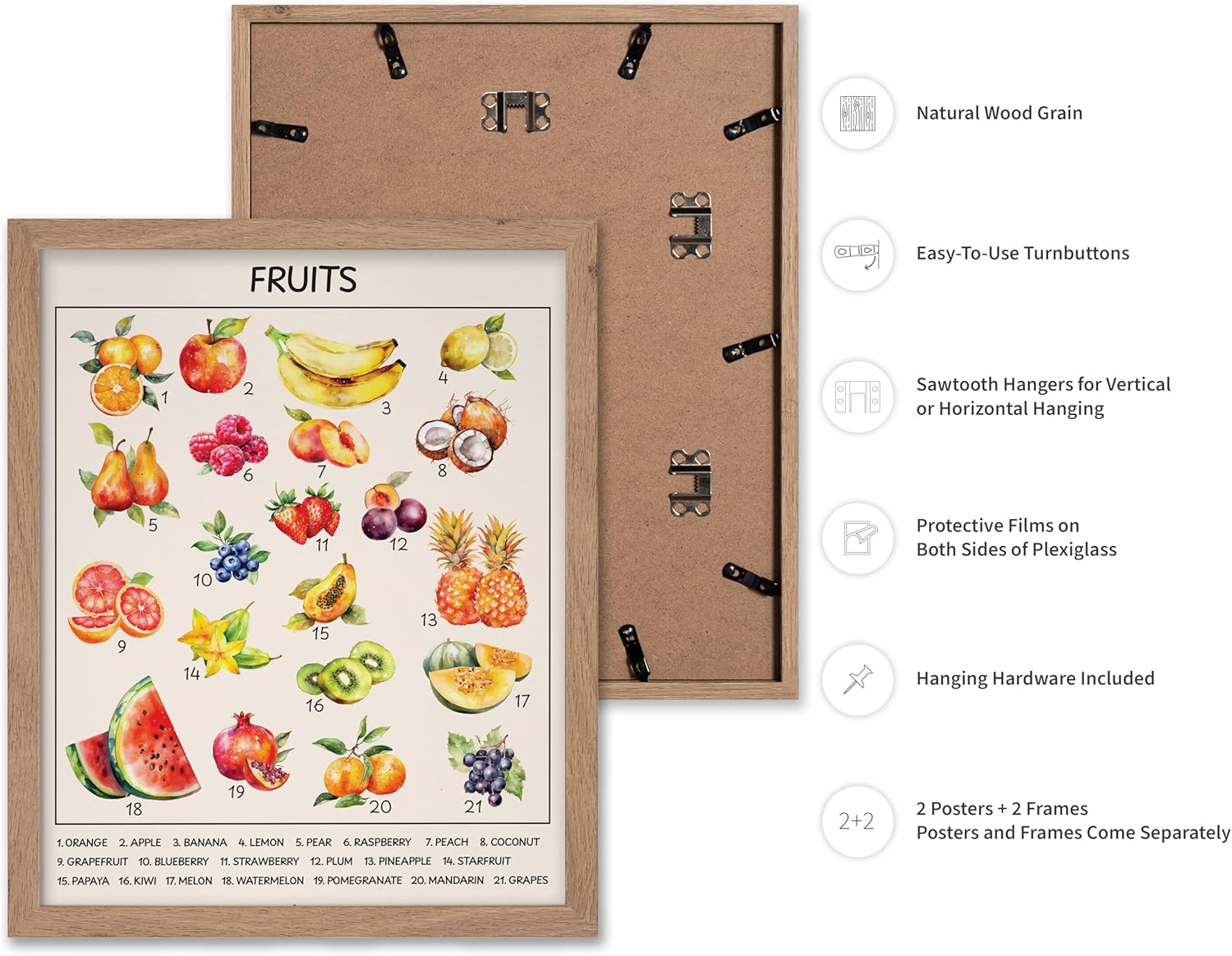 Monem Art 2-Piece Fruits and Vegetables Poster - Educational Print - Learning Materials Art - Kitchen Art - Gift for Students & Teachers - Decor for Classroom or Playroom, 11x14 Beige Framed