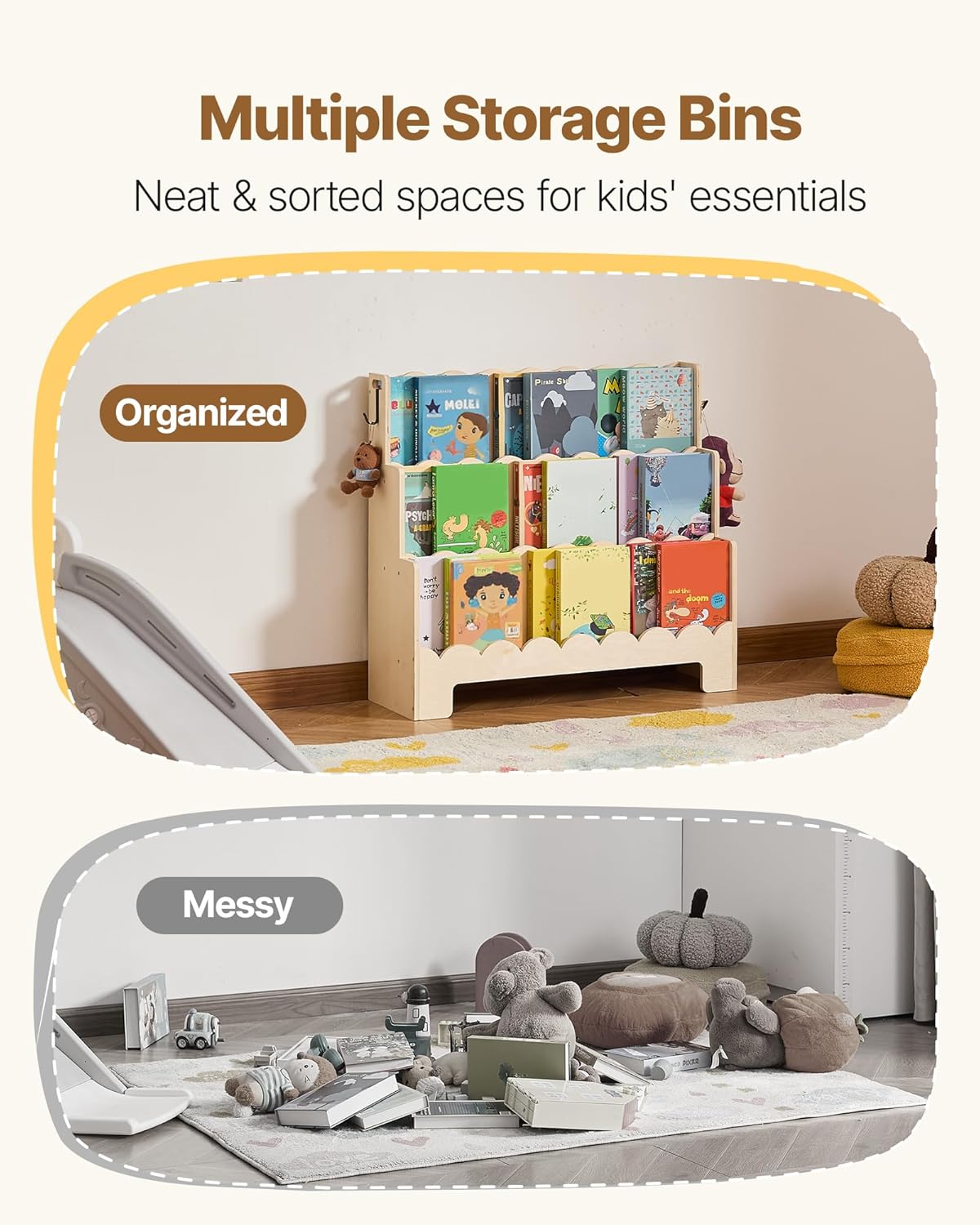 VEVOR 3-Tier Montessori Bookshelf, Scalloped Kids Bookcase, Wooden Book Shelf with 2 Dual Hooks, Daycare Furniture Display Bookshelf for Bedroom, Living Room, Entryway, Nursury, Preschool