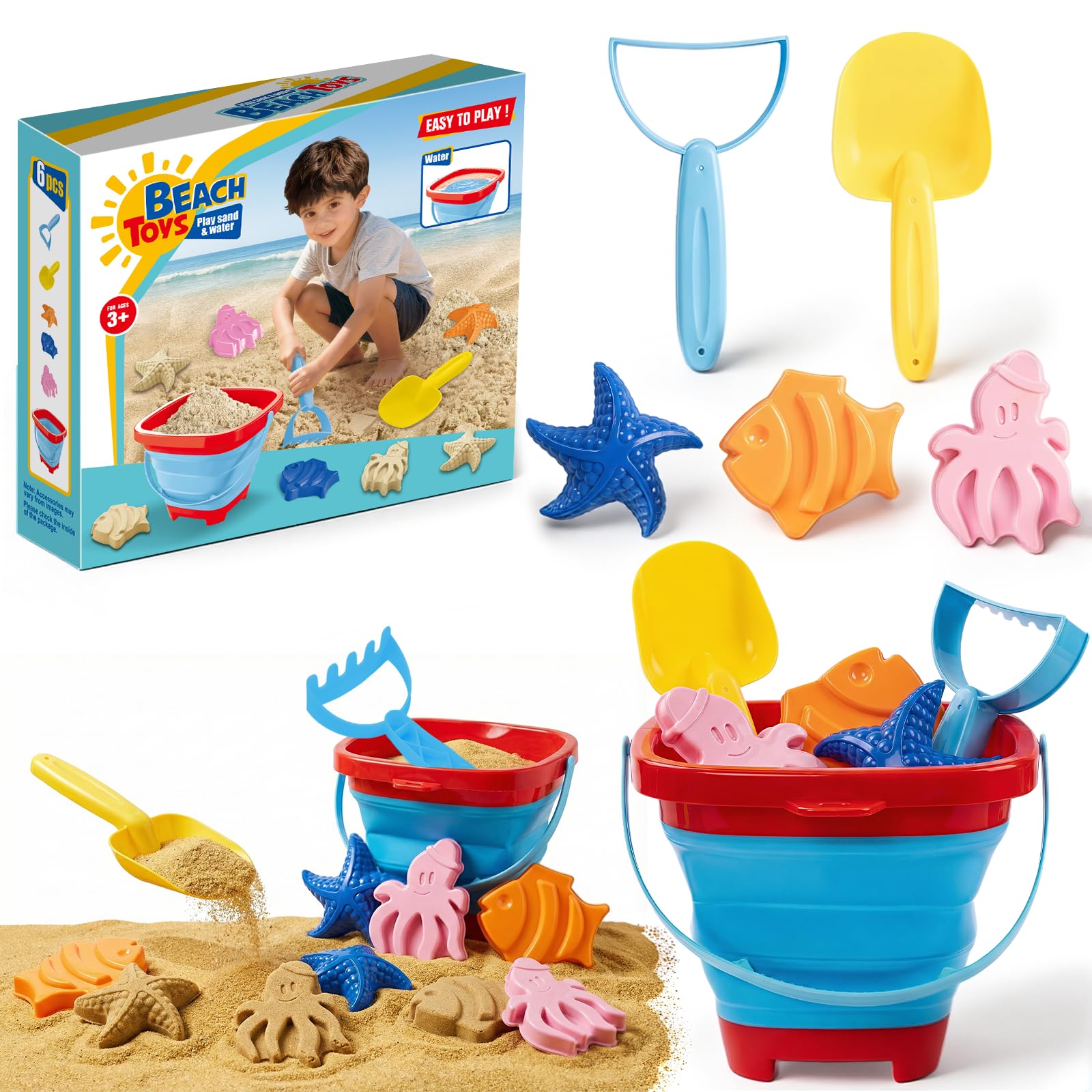 TUNISE Sandspielzeug Set für Kinder,zusammenklappbarer Silikoneimer mit Schaufel, Rechen,Sandförmchen und Netztasche,Outdoor Spielzeug für Strand und Sandkasten,für Kinder von 3–10 Jahren