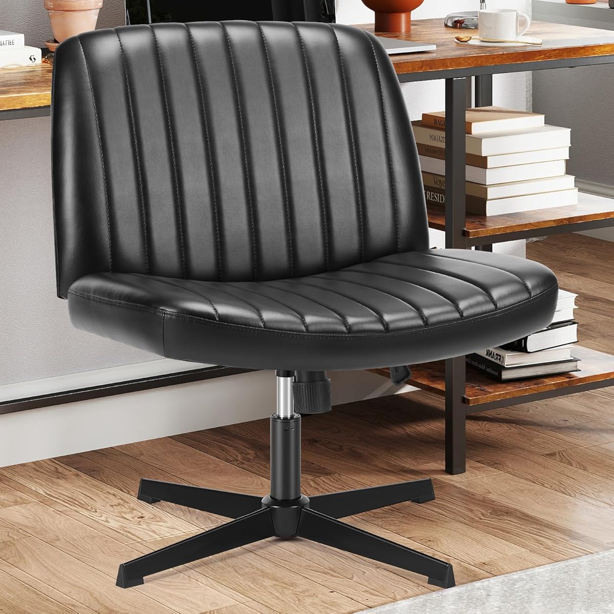 Sweetcrispy Criss Cross Chair Legged, Armless Office Swivel Desk Chair No Wheels, Vanity Height Adjustable Wide Seat Faux Leather Computer Task Seating for Home Bedroom