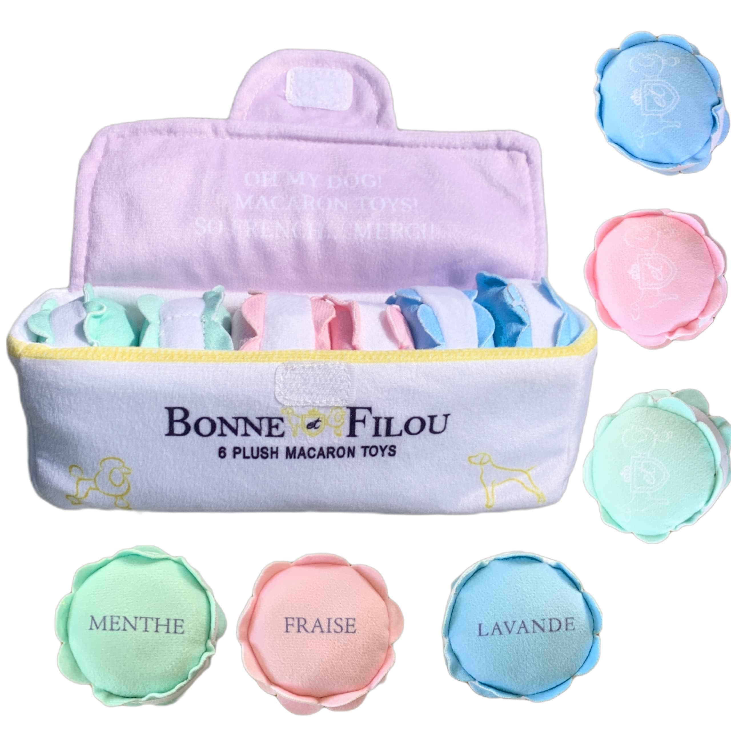 Bonne et Filou 6 Count Macarons Shape Plush Squeaky Dog Toys Interactive Puppy Chew Toys for Aggressive Chewers Dog Toys for Small and Medium Dogs