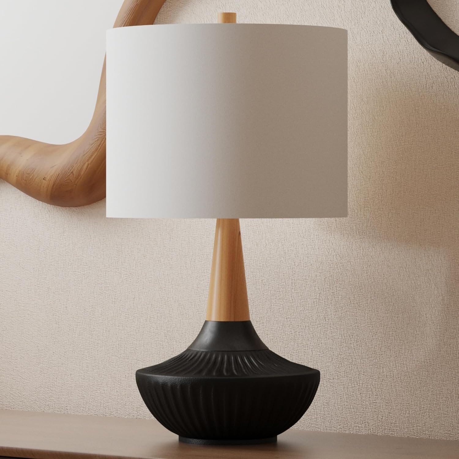 Maxax 23" Black Table Lamp for Living Room, Farmhouse Rustic Ceramic Bedside Lamp for Nightstand, Black Bderoom Lamp with White Shade Wood Decor for End Table, Entryway, Office, ETL Listed