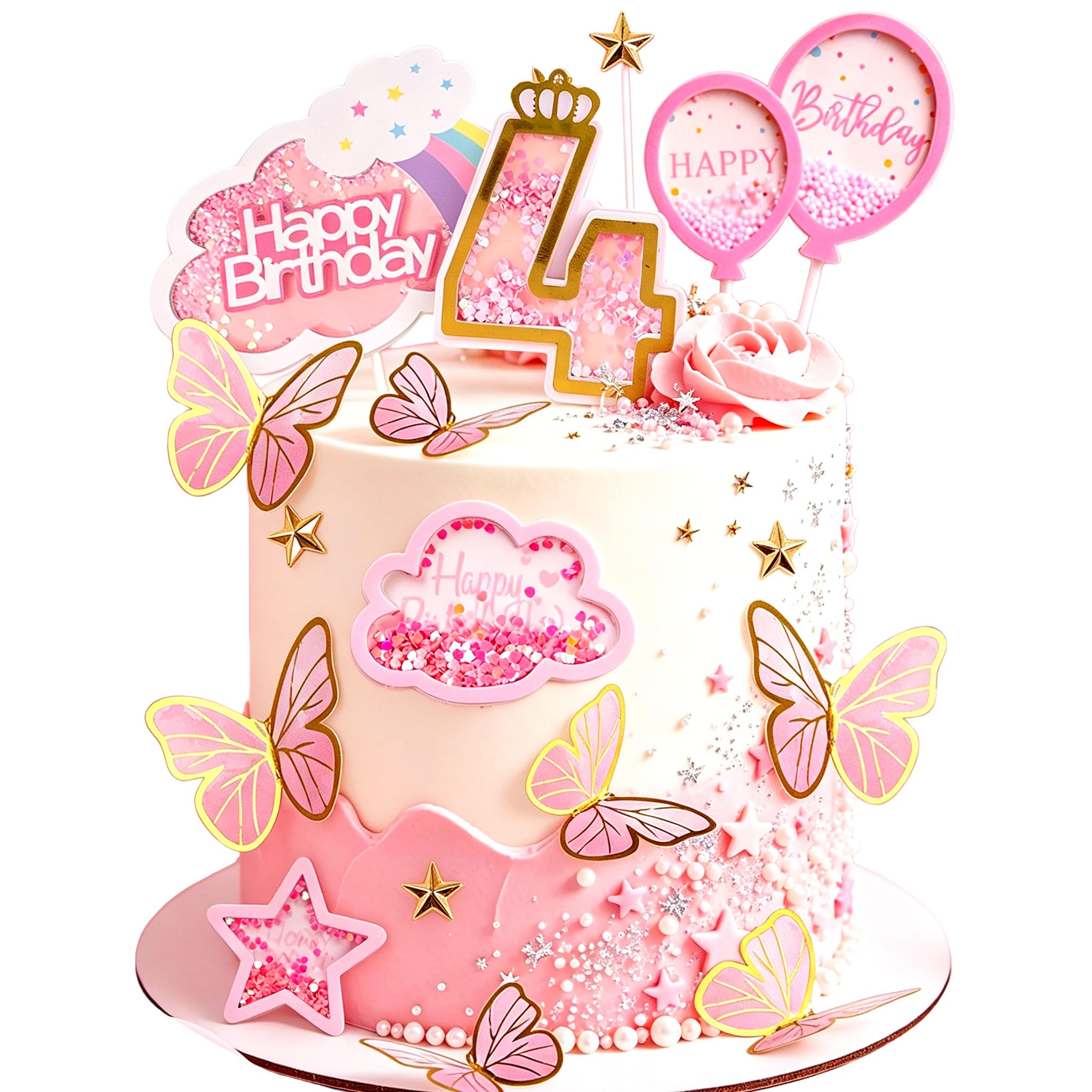 Pink 4th Birthday Cake Decoration Rainbow Clouds Stars Cake Picks
