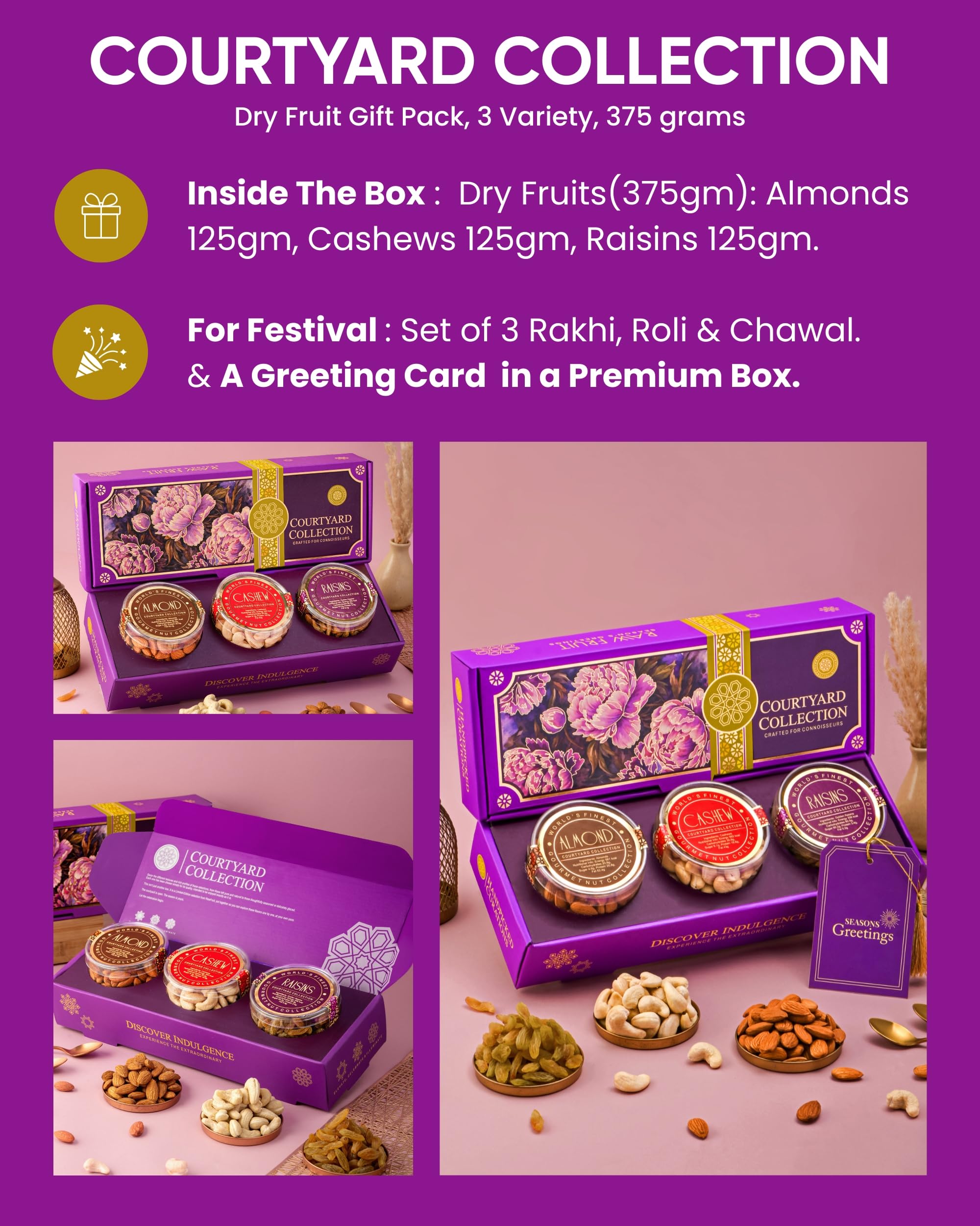 Hyperfoods® Rakhi Set For Brother with Dry Fruits Gift Box RawFruit Courtyard Collection Pack of 3 Dry Fruits Box (Each 125g) Rakhi Gift Hamper for Brother Rakhi Set of 3 Rakhis for Rakshabandhan 1