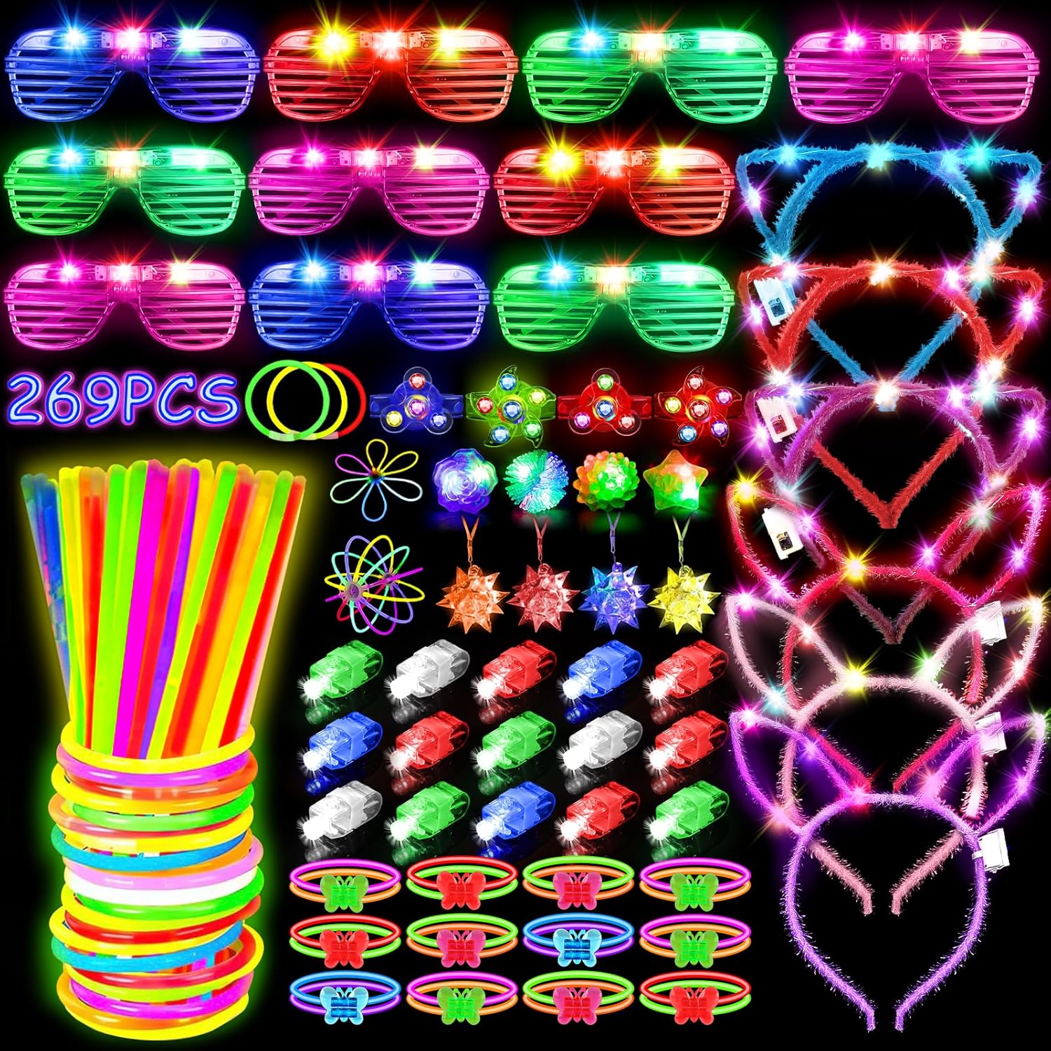 Product image of MIBOTE 269Pcs Led Light Up Toys Party Favors Glow in the Dark Party Supplies for Kid/Adults Halloween with Light Up Glasses,Rings,Fidget Spinner Bracelets,100 Glow Sticks Bulk Party Pack DIY Glow