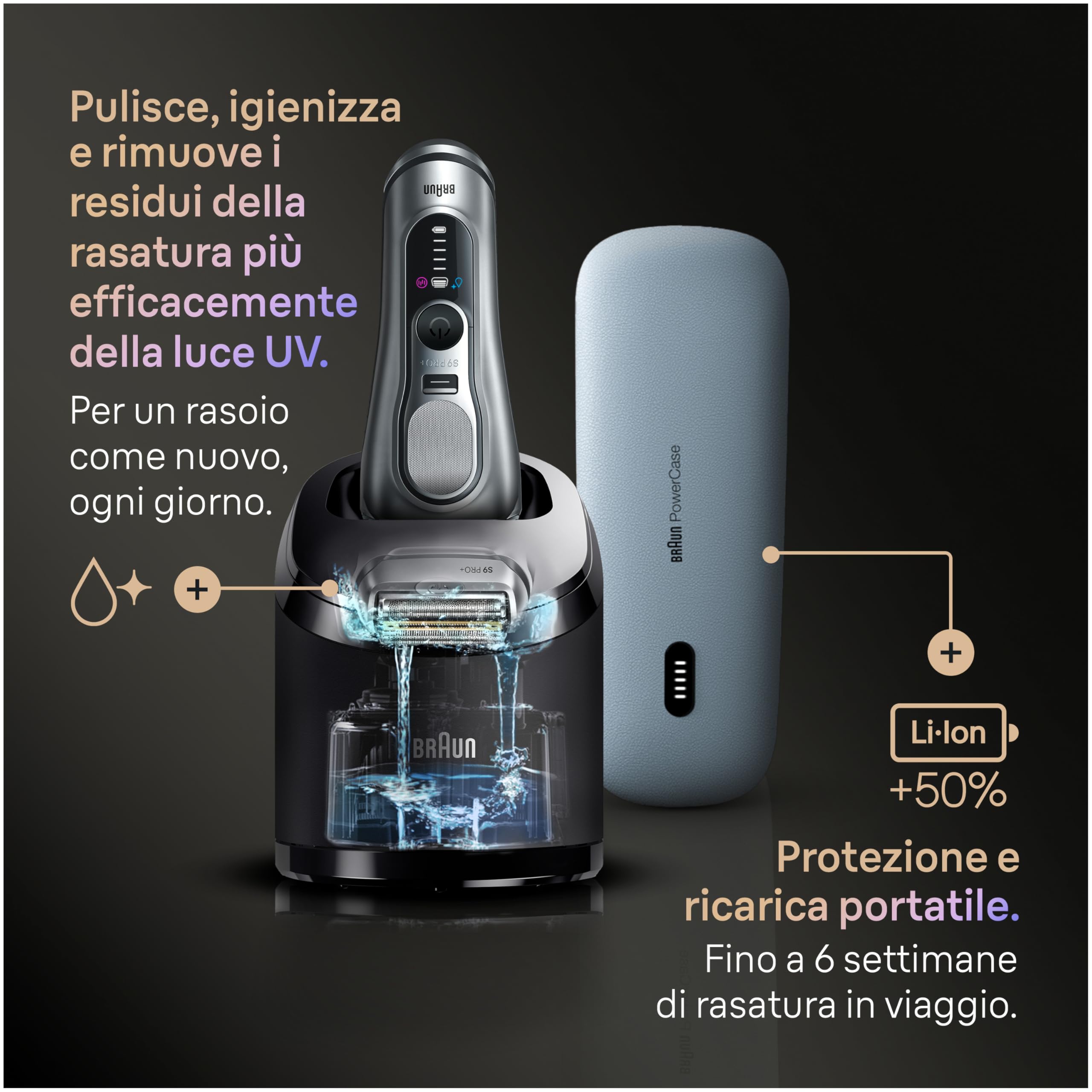 Braun Serie 9 PRO + Rasoio Elettrico Barba, Wet&Dry, 5+1 Lame Di Precisione Ultra Sottili, Regolabarba Uomo, Rasoio Barba, 60 Min Utilizzo, PowerCase, Stazione SmartCare 6in1, Serie 9677cc, Argento