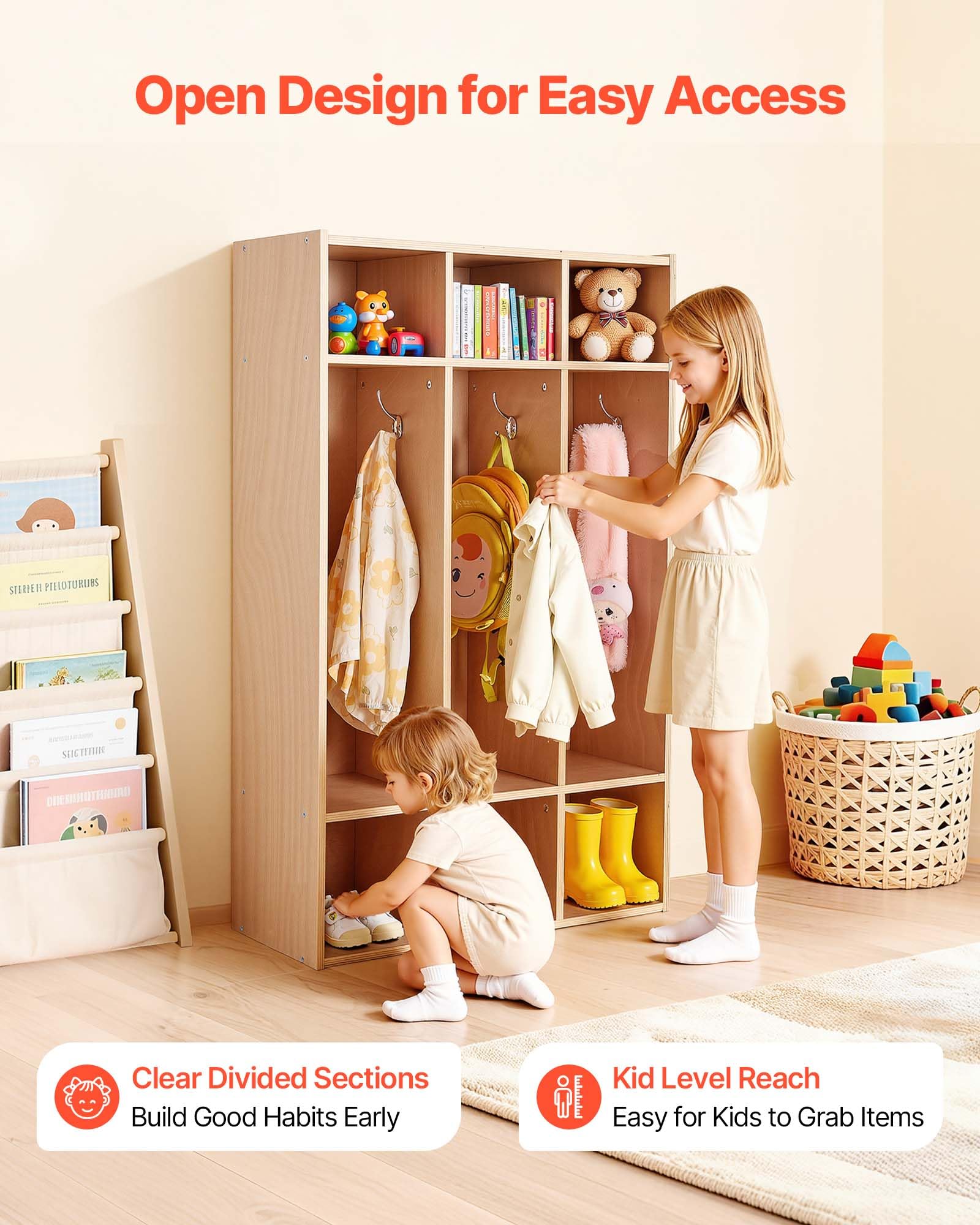 VEVOR Vestiaire 3 Enfants Ouvert, Penderie pour Enfants en Bois, Rangement pour Crèche Maternelle Garderie Maison, Meuble d'accueil Scolaire avec Casiers à Manteau et à Chaussures, Cases Supérieures