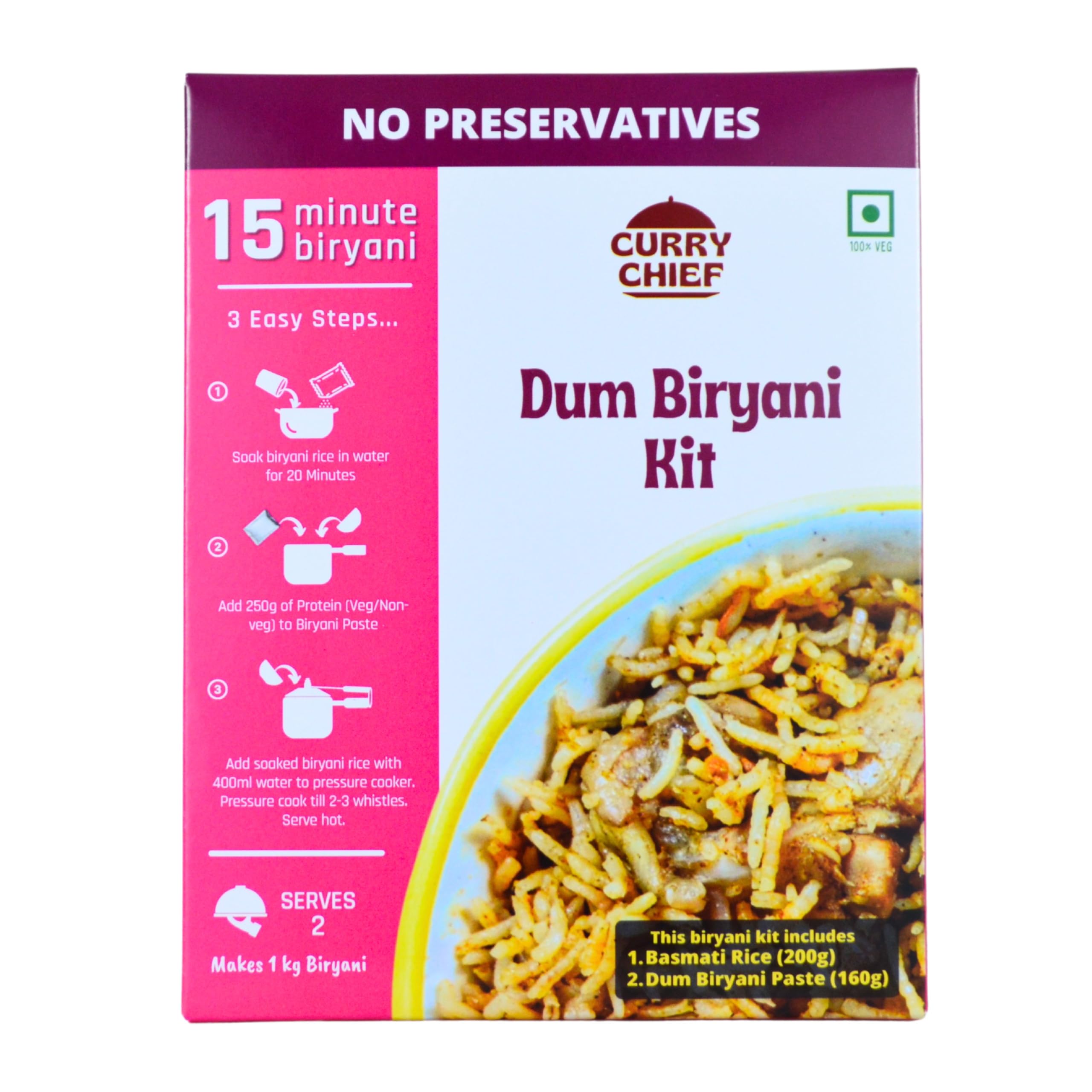 CurryChief Dum Biryani Kit | Makes 1KG Biryani | Cook in Just 15 Minutes | 100% Veg | 100% Natural | No Preservatives | Nothing Artificial | Biryani Masala | 3 Step Cooking | Serves 2 (B0BFLHJYGF) Amazon Price History, Amazon Price Tracker
