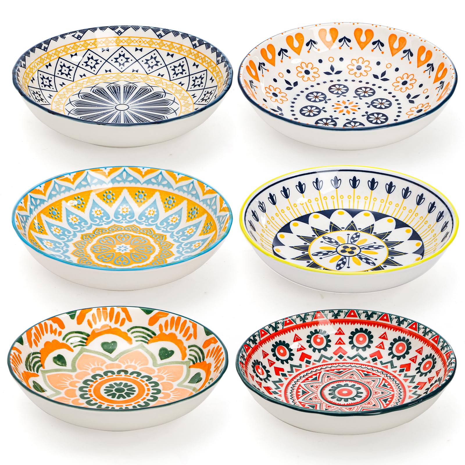 Foraineam 6 Pack 5.5 inch Wide Shallow Cat Food Bowl Set Ceramic Cat Bowls, 8oz Whisker Friendly Cat Dishes, Colorful Kitten Feeding Bowls for Food