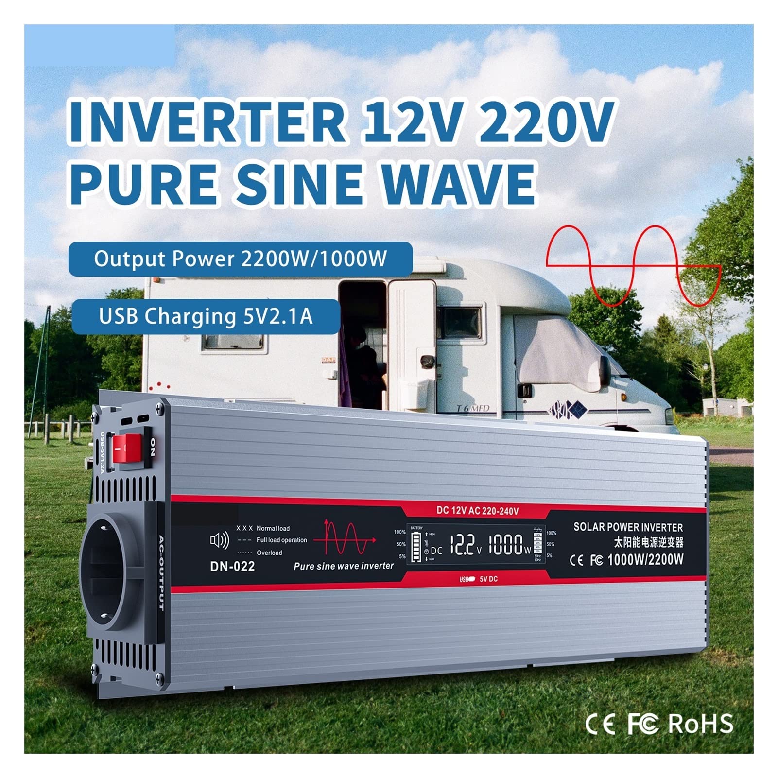 Przetwornica Napięcia, Przetwornica czystej fali sinusoidalnej 1000W przetwornica napięcia 12V czysta sinusoida moc szczytowa 2200W 50HZ samochodowa ma USB(Inverter Black)