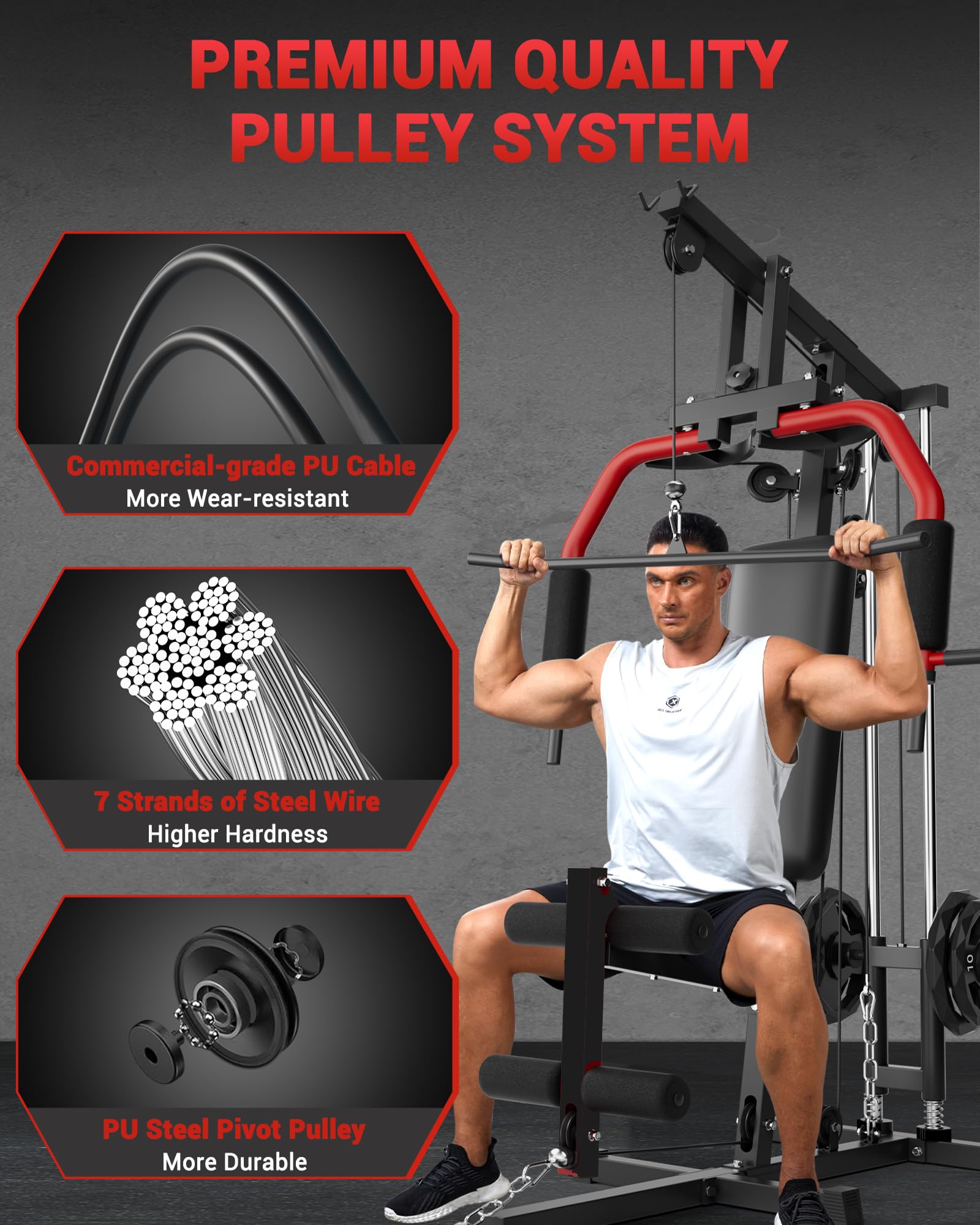 Home Gym Equipment, Workout Weight Machine with Cable Pulley System, 400 LBS Weight Capacity All in One Full Body Exercise Station for Strength Training, Multifunctional Compact Home Gym