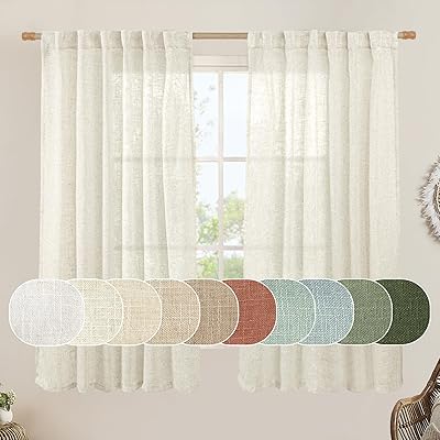 LAMIT Semi Sheer Linen Window Curtains 63 Inch Length, Light Filtering Neutral Curtain Panels Farmhouse Back Tab and Rod Pocket Drapes for Bedroom, Cream Ivory, 2 Panels, 52 x 63 Inch