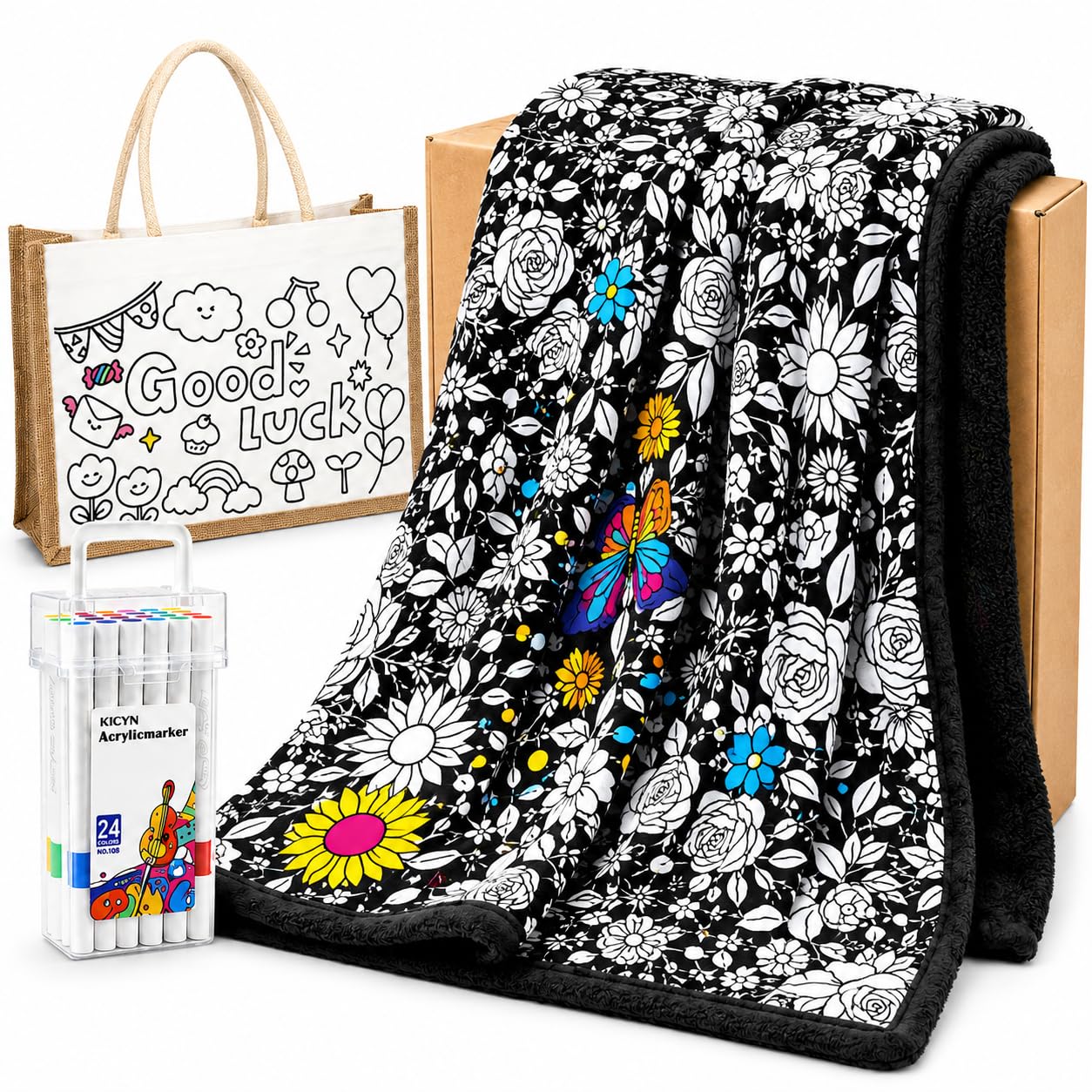 EAONE Coloring Blanket Kit for Girls, 50 x 60 Inch Floral Throw with 24 Acrylic Markers, DIY Tote Bag, Color Your Own Snuggle Activity Gift