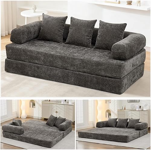 Miniatura 10 de Sofá cama convertible 4 en 1 de 79 pulgadas, sofás sin hueso, cama plegable de chenilla con cama extraíble, futón de suelo, sofá biplaza modular,