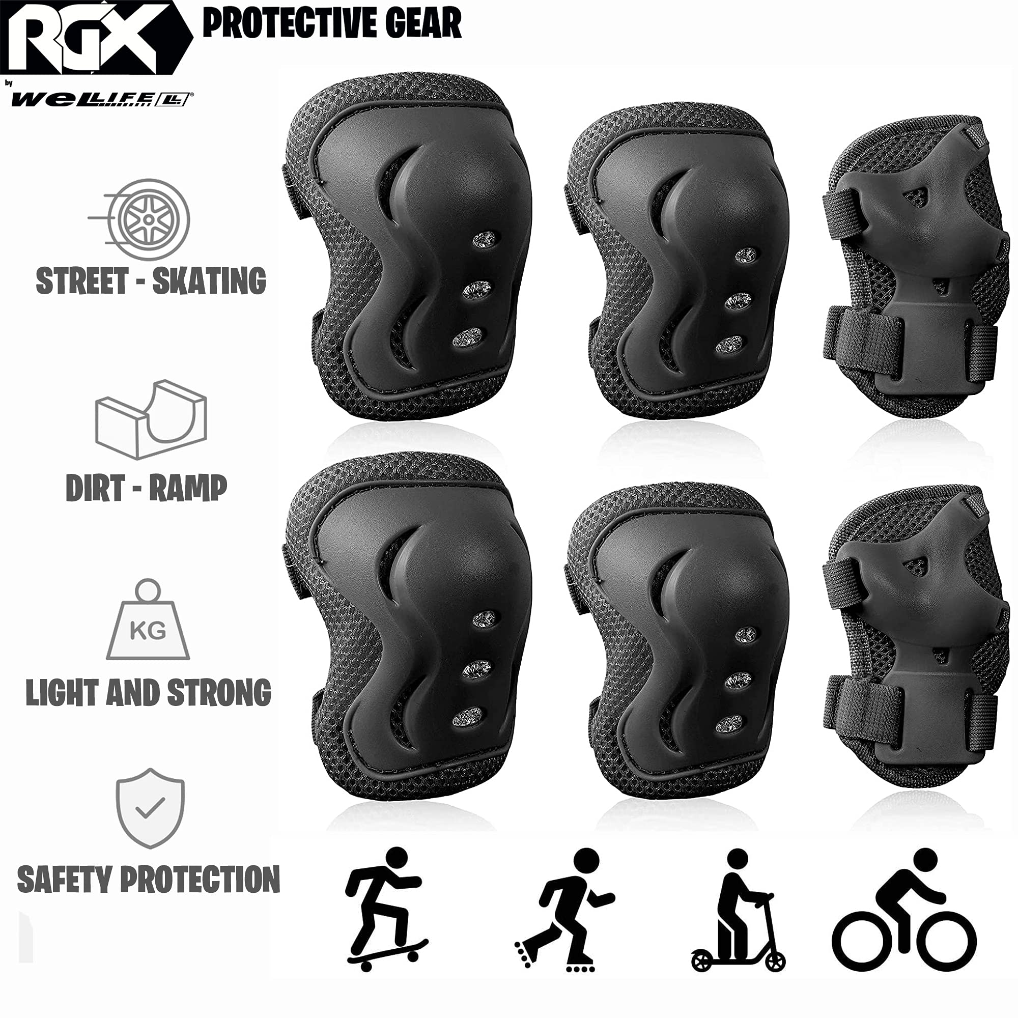 WeLLIFE Casco Regolabile per Bambini e Ragazzi Compreso Set Protezione, Kit di Protezioni Completo di Ginocchiere Gomitiere Parapolsi per Skateboard, Pattini in Linea, Bici, Monopattino