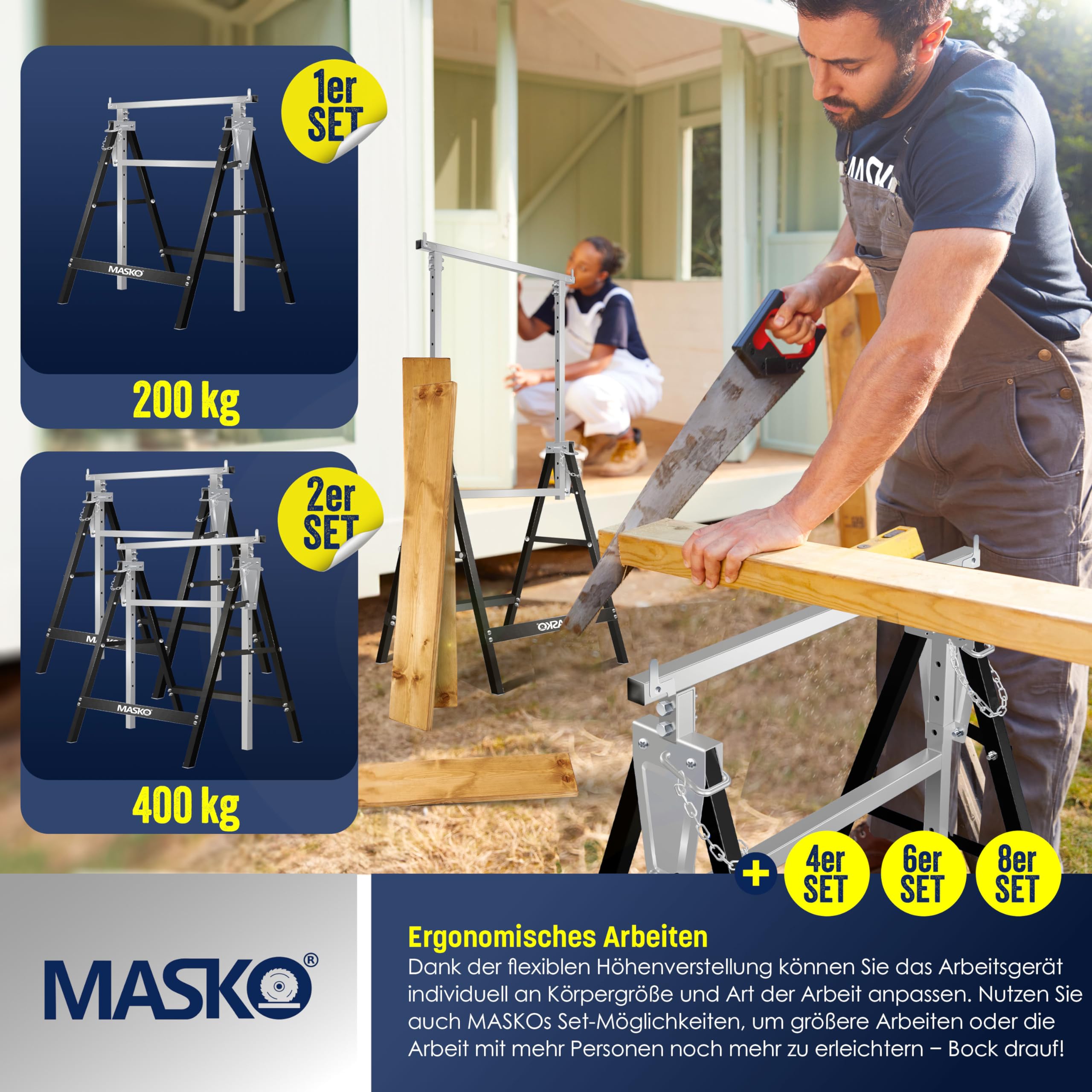 MASKO® Caballete de trabajo Telescópico, Capacidad de Carga máx. 200 kg, Caballete de Andamio, Regulable en Altura - Altura de trabajo 800-1300 mm, incl. Guantes, Juego de 4 - Plata/Negro