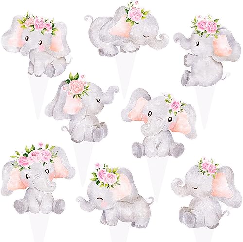48 piezas de decoración de elefante rosa para cupcakes de elefante de doble cara, decoraciones de elefante para baby shower, decoración de baby