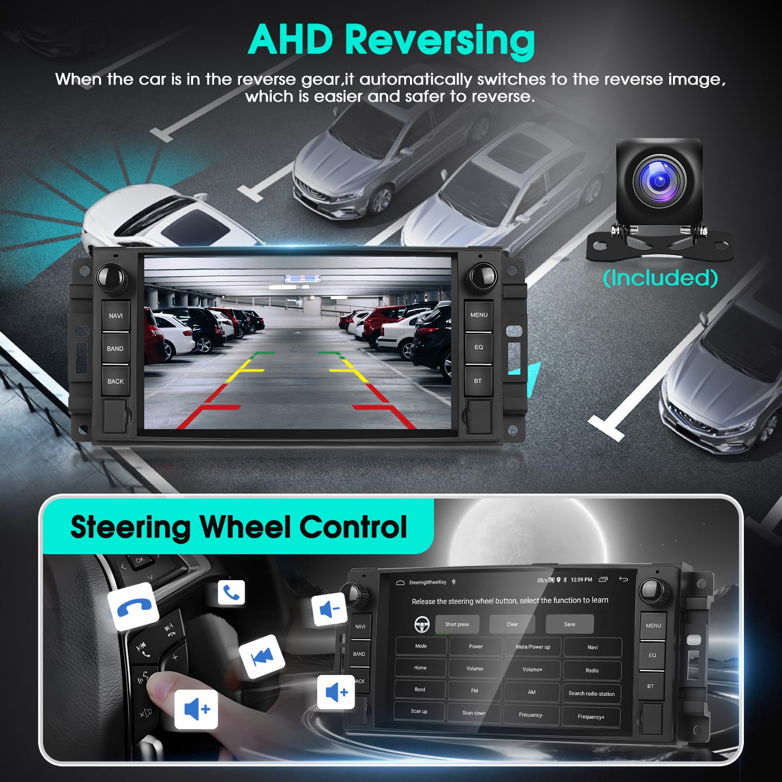 Autoradio für Epica Sebring 300C Jeep Patriot Dodge Challenger, 7'' Radio Stereo Android 15 Carplay Android Auto Radio 2G+64G, DAB+ OBD2, EQ, GPS, WLAN, 720P AHD Rückfahrkamera, Mikrofon
