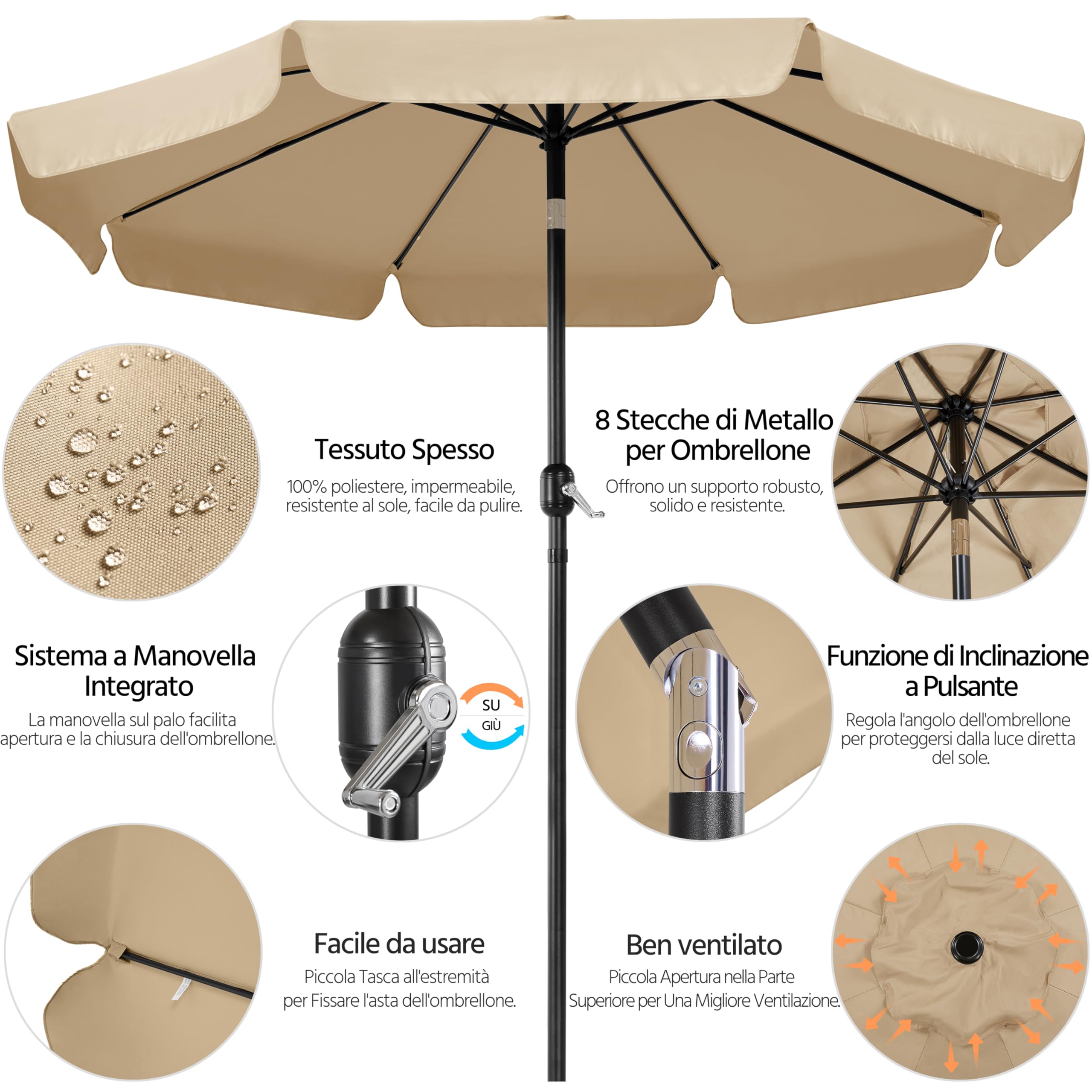 Ombrellone da Giardino Esterno 267,5 cm con Bordatura 8 Stecche Manovella Parasole Protezione UV per Spiaggia Balcone Terrazzo Mercato Reclinabile