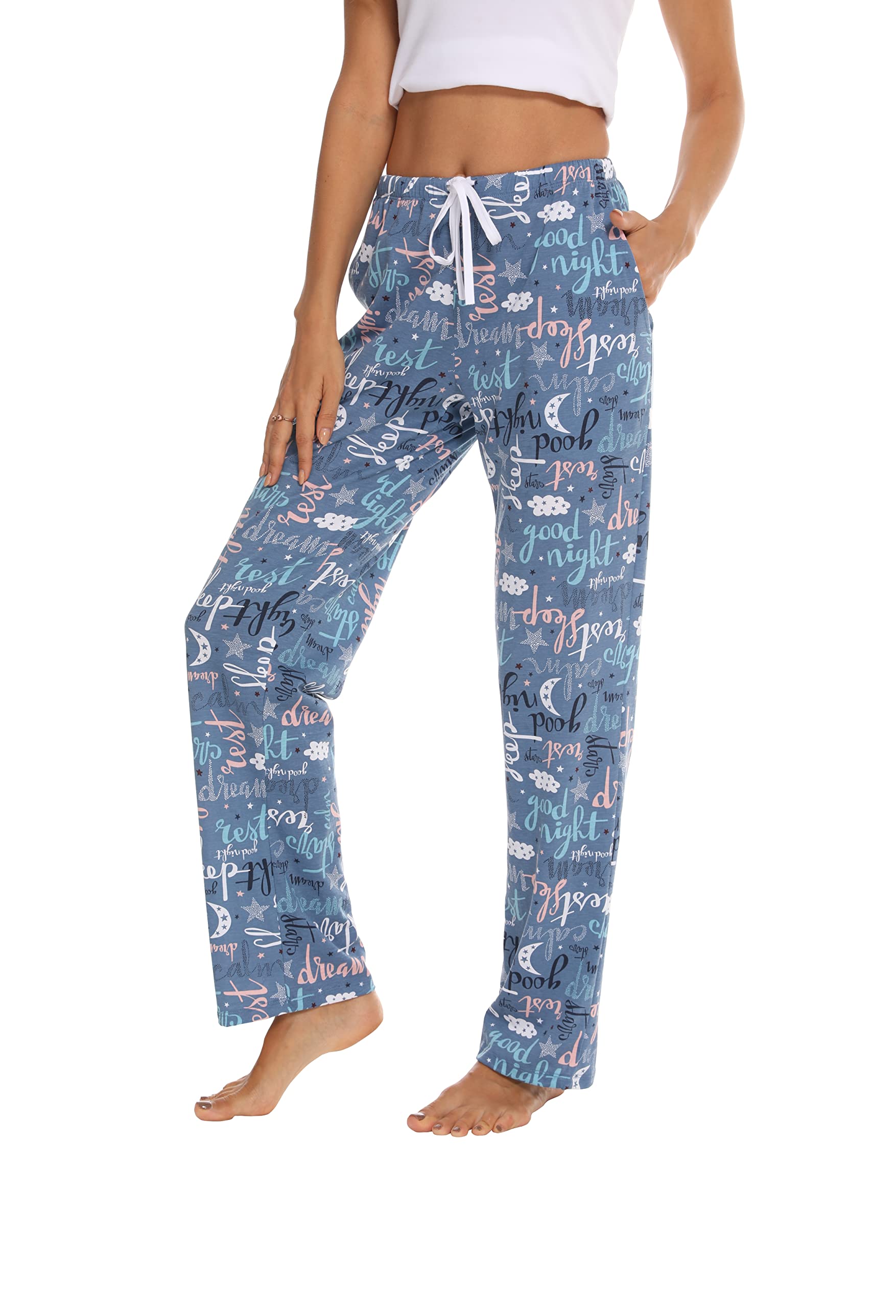 Pantalones de pijama para mujer, con estampado lindo de algodón, con bolsillos