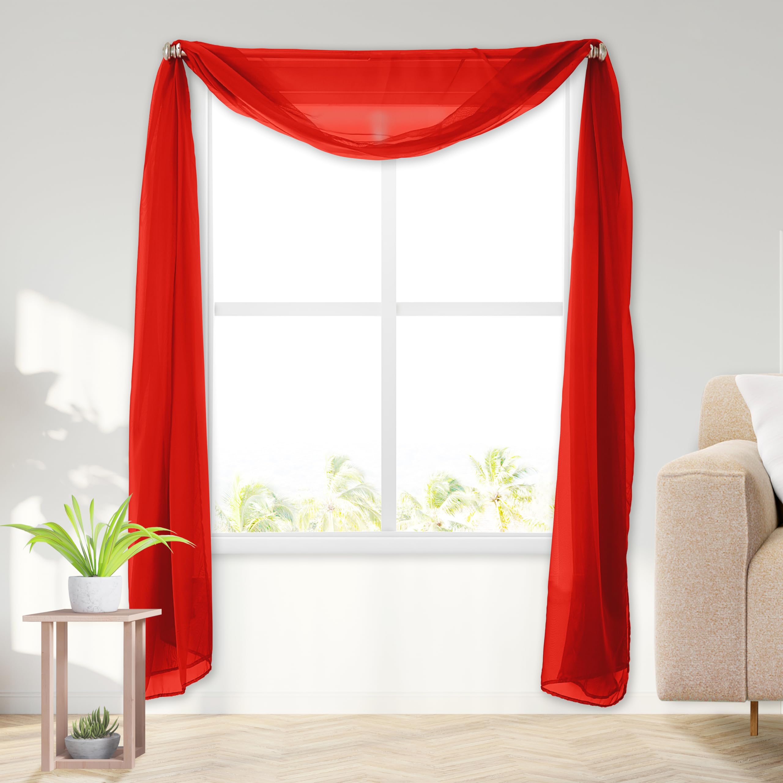 Elegant Comfort Lightweight Sheer Voile Window Scarf Valance - 216 Inch Long - 1 Panel Long Sheer Curtain for Living Room, Event Decor, Bedroom, (1 Piece) 55" X 216'' Long, Red