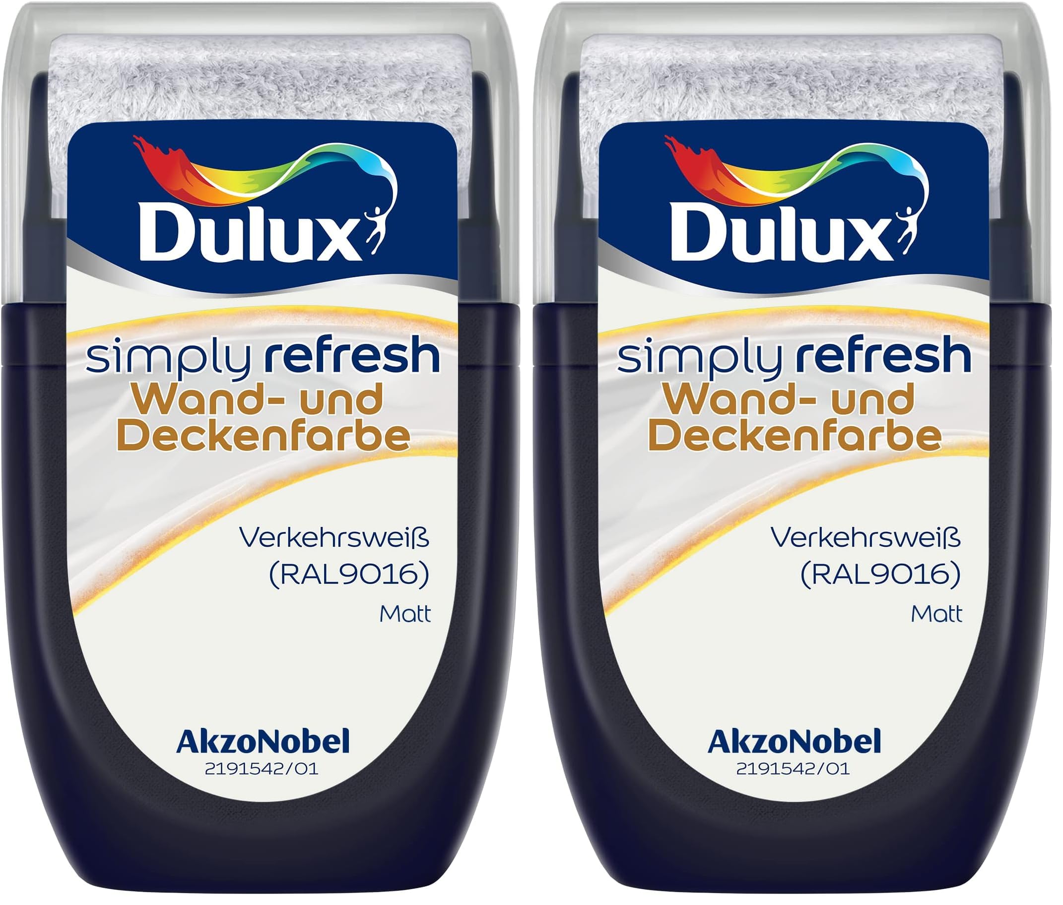 Dulux Simply Refresh Wand- und Deckenfarbe – Verkehrsweiß RAL9016 – Tester 30 ml - Langlebige Innenfarbe zum Testen und schnellen Ausbessern (Packung mit 2)