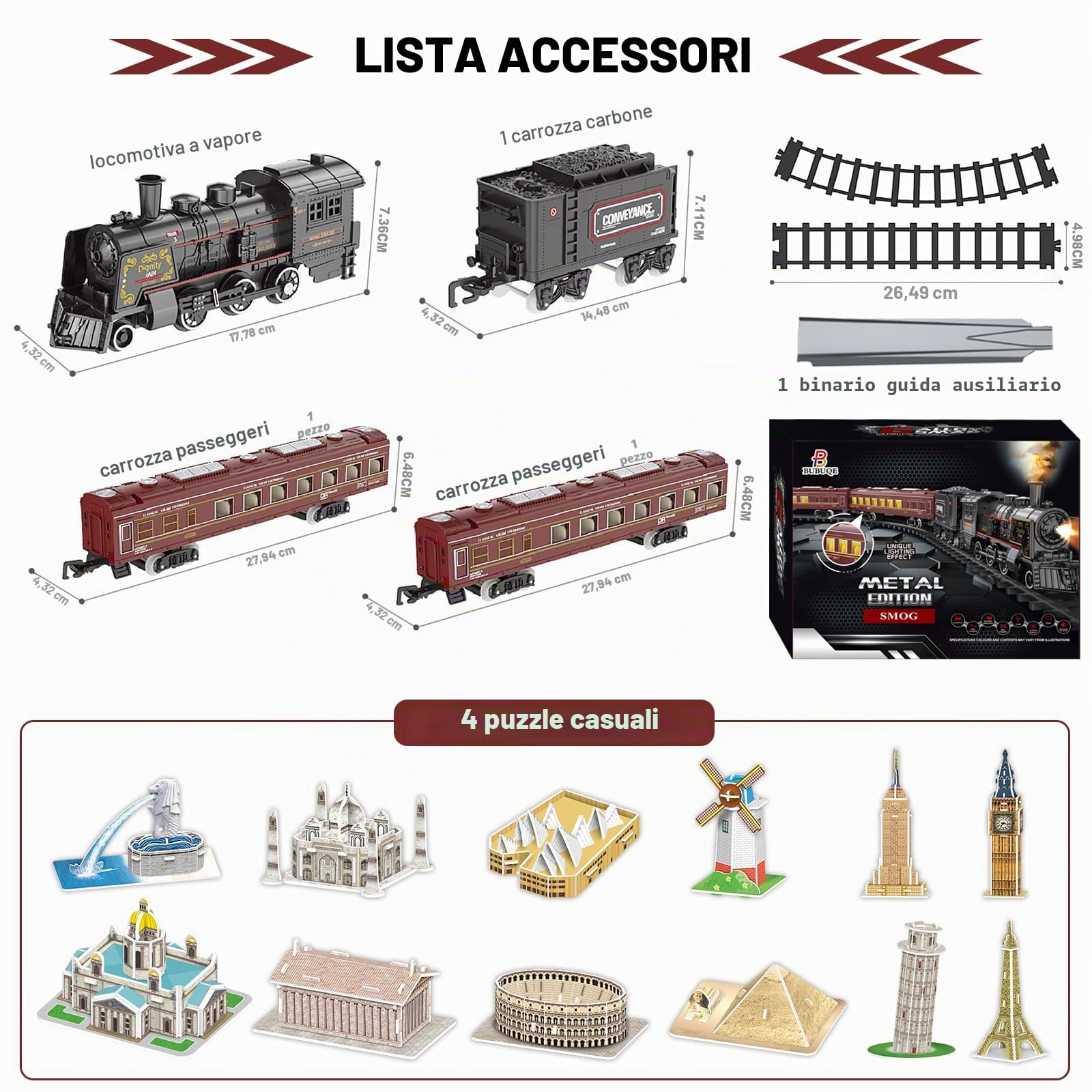 Set di treni per ragazzi in lega di metallo treni elettrici con locomotiva a vapore, kit ferroviari con fumo, luce e suoni regali di compleanno per bambini 3 4 5 6 7 8 anni + anni rosso