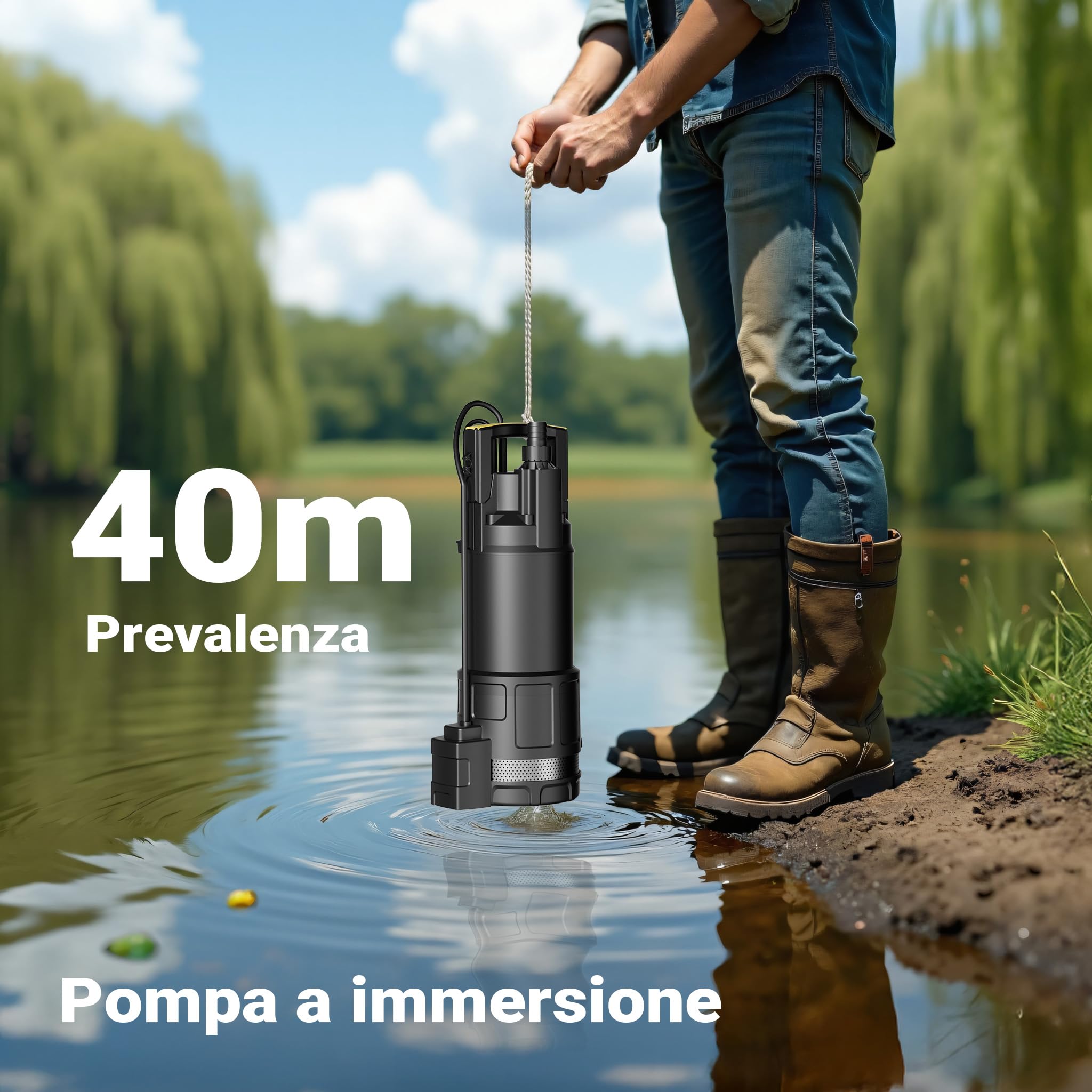 Wiltec Pompa sommersa, 1200W 6000 l/h, profondità max 7 m, Elettropompa a immersione per pozzi e cisterne