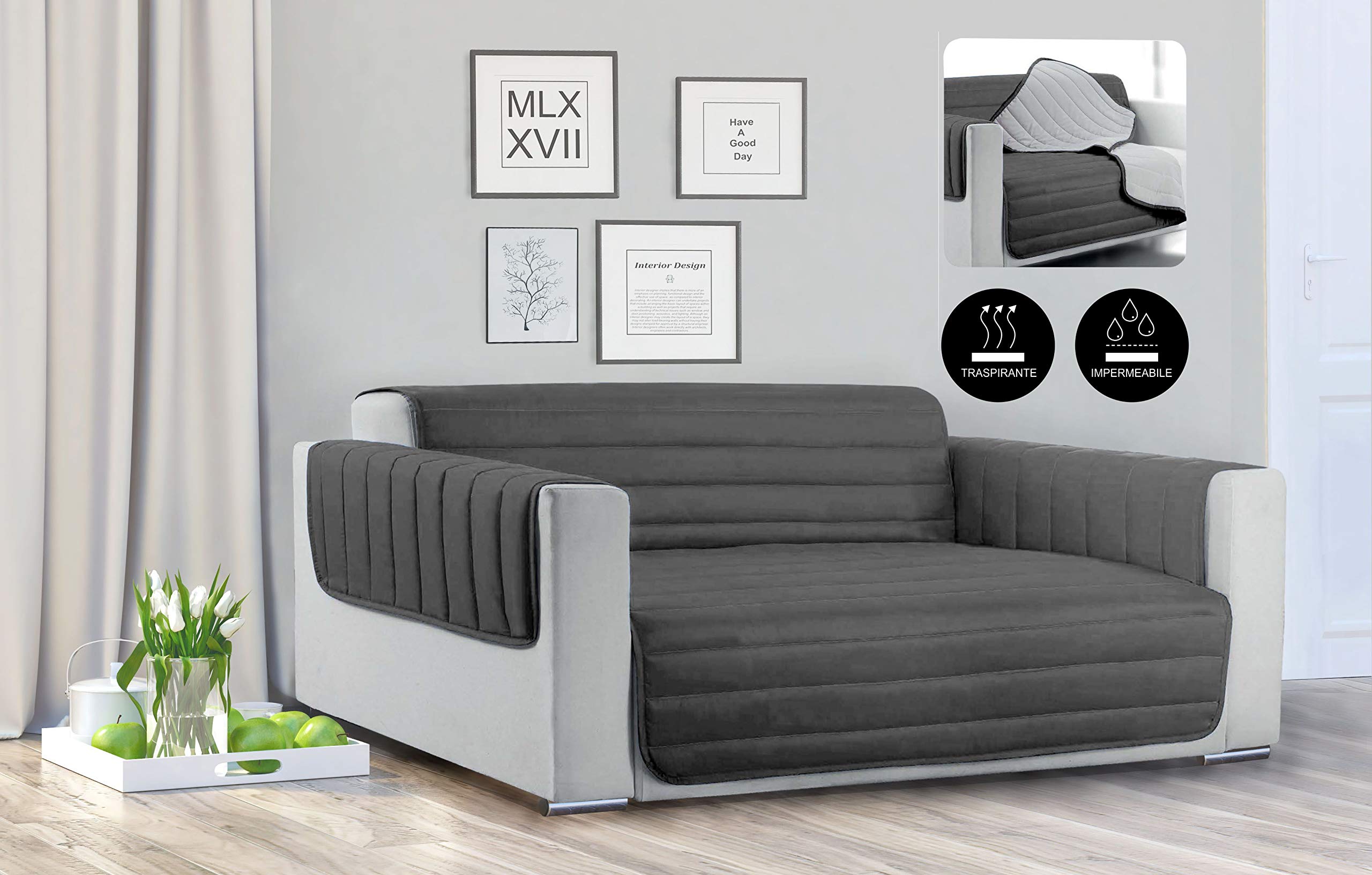 Italian Bed Linen Sogni e Capricci Waterproof Trendy Quilted Sofa Cover Dark Light Grey, 1 Place, Light Grey/Dark Grey, 1 SEAT