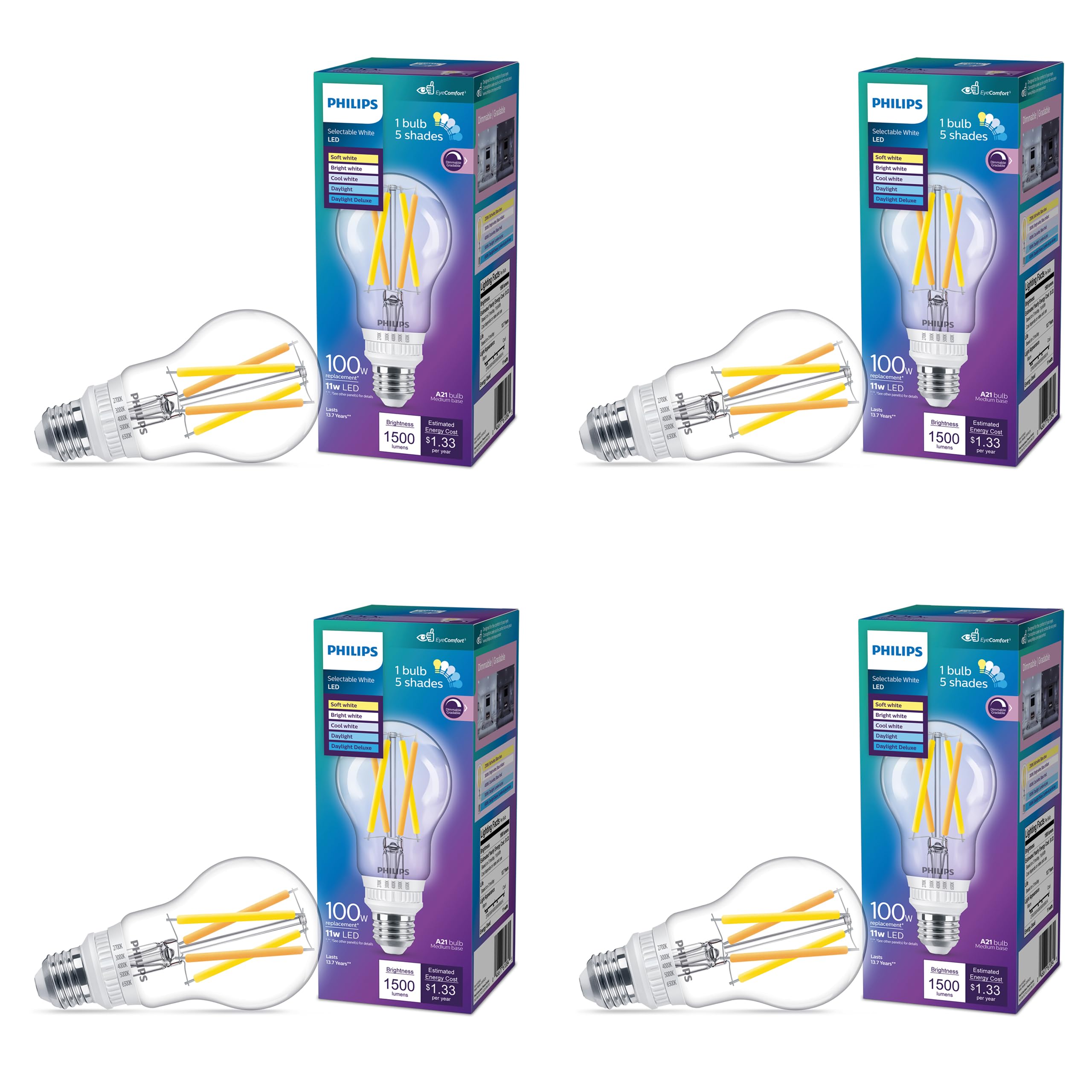 Philips LED Selectable White LED Bulbs 4-Pack, 11 W, A21, 5CCT, Dimmable, EyeComfort, Easy to Use, T20, Clear Glass, E26