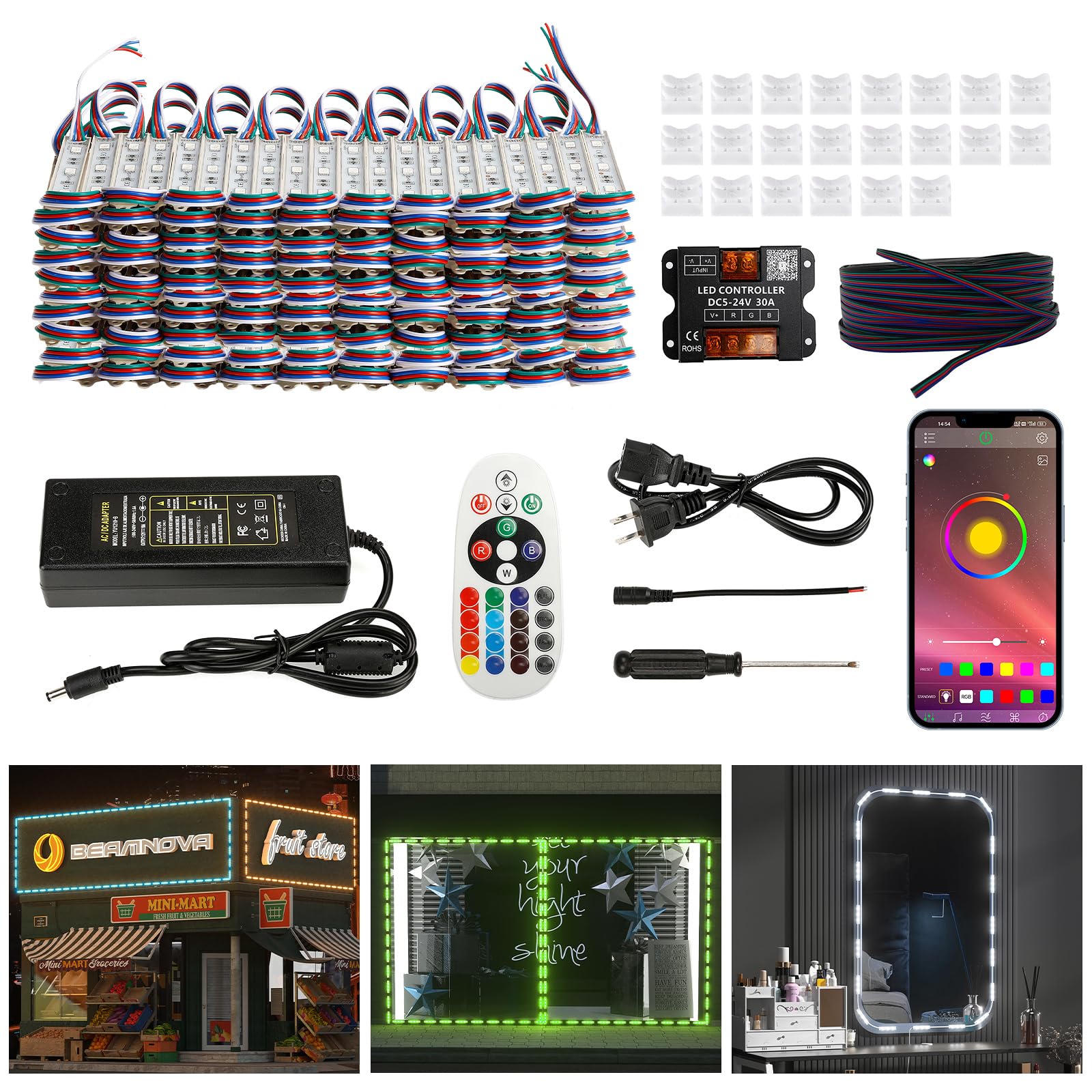 BEAMNOVA RGB Commercial Storefront Light Kit 100Ft with Bluetooth Control Box, DC 12V Power Supply, Remote, Window Lights Modules Adhesive Waterproof Outdoor Strip Lights Connectors