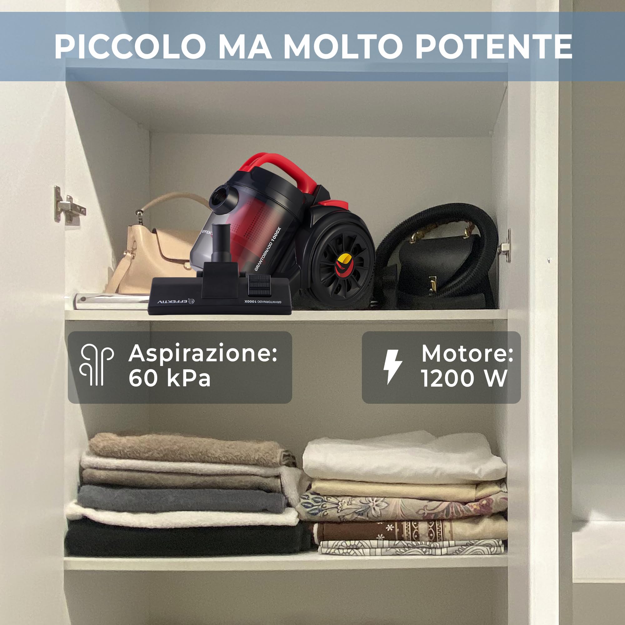 EFFEKTIV Aspirapolvere senza Sacco GranTornado 1000X, Aspirapolvere Potente Compatto Ciclonico 1200W, Potenza di Aspirazione 85000Pa, Capacità 2.5Litri, 76dB, Filtro HEPA, Cavo 3m, Per Peli Animali