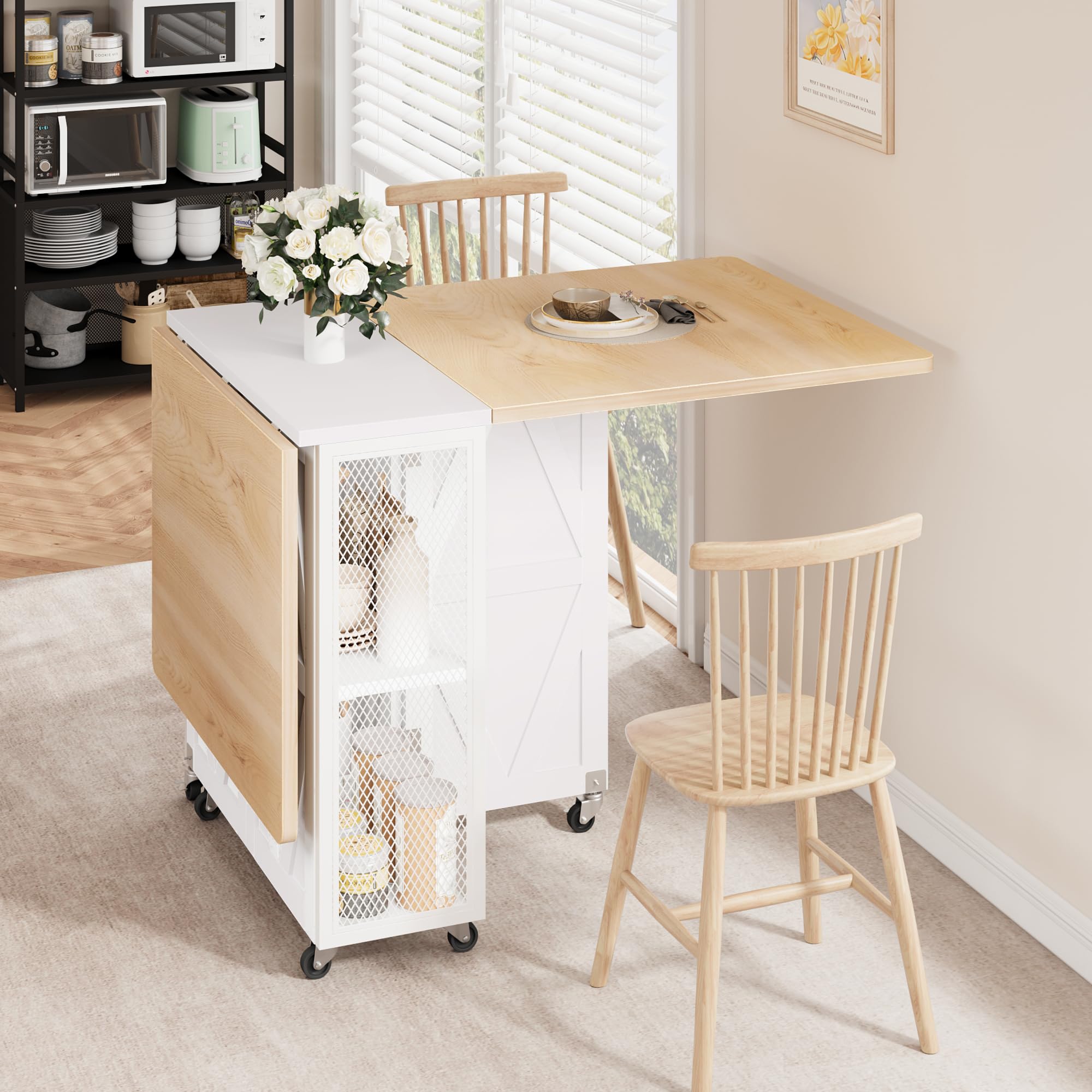 Jocoevol Esstisch Klappbar Küchentisch für 2-4 Personen, Klapptisch mit Trennwand und zweilagigem offenem Regal, Ausziehbar mit Rollen für Küche & Esszimmer, 120x60x76 cm, Ahorn + Weiß