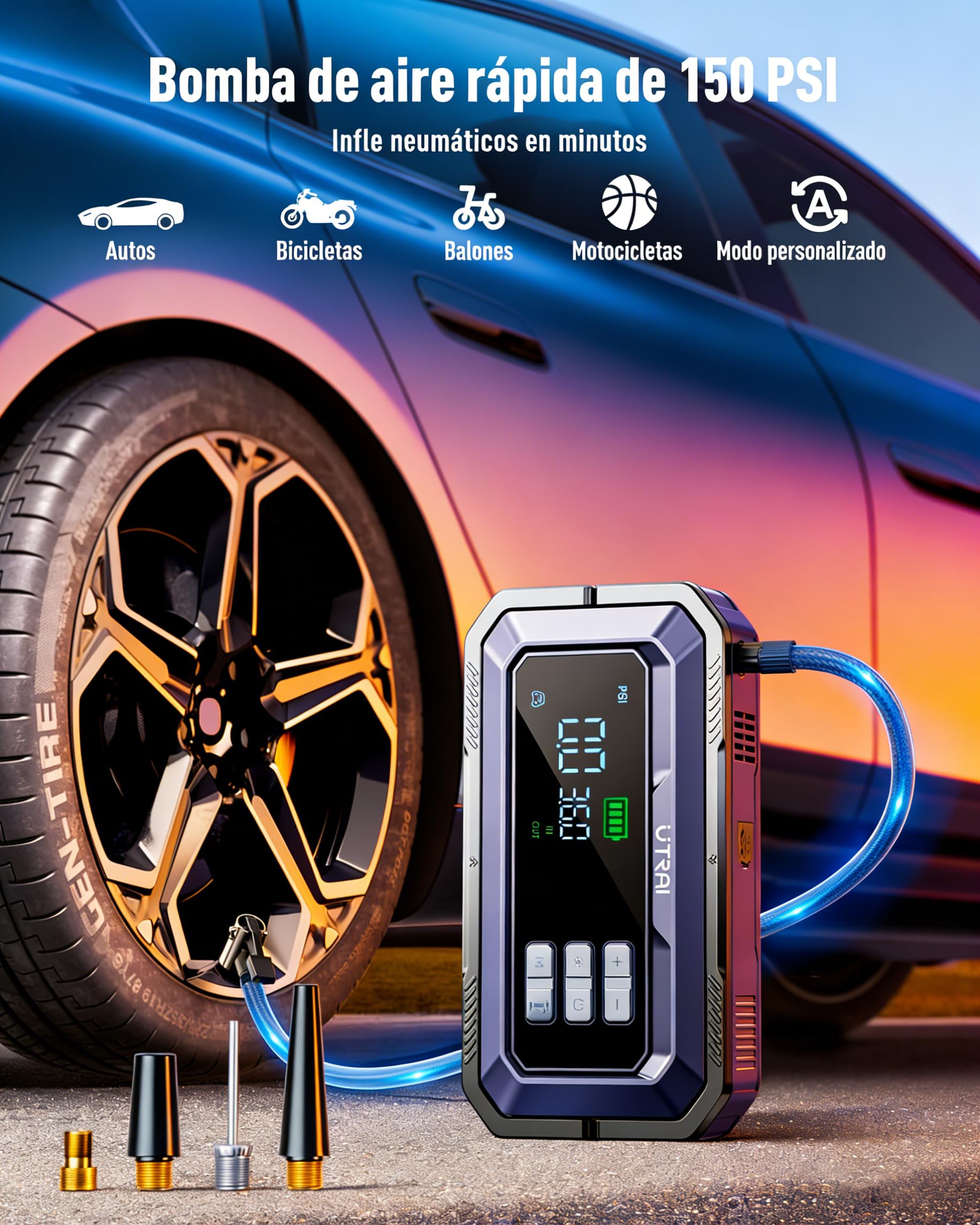 8000A Arrancador de Baterias de Coche con Compresor de Air/Escáner OBD II/160W DC out/Luz LED de 2000 lúmenes/18W Carga Rápida(para All Gas/14L Diesel/híbrido) UTRAI Jump Starter