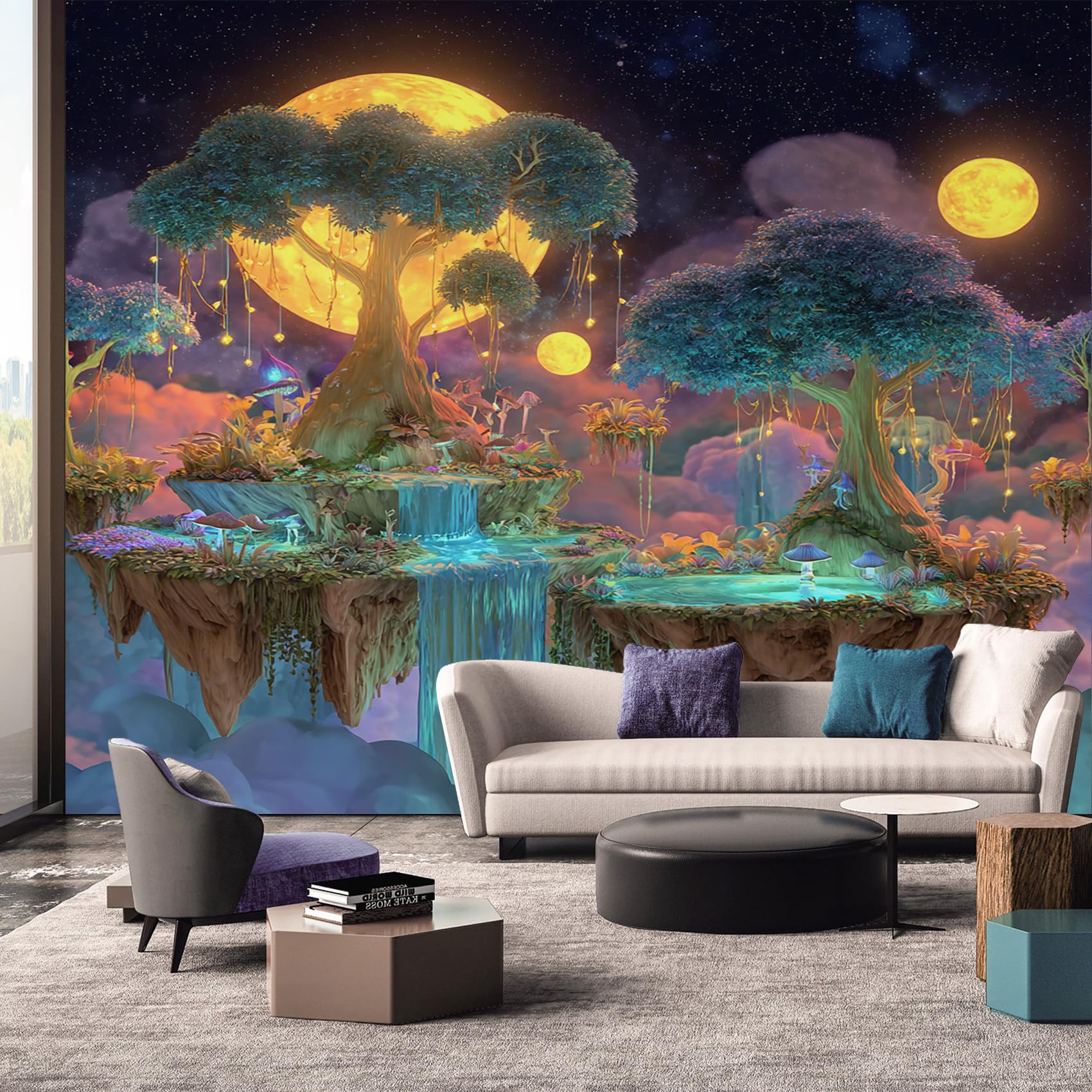 Fantasy Wallpaper, Moon Tree 3D Mural Wallpaper, Fantasy Room Decor Wall Art for Living Room Bedroom Kitchen 260L x 175W cm