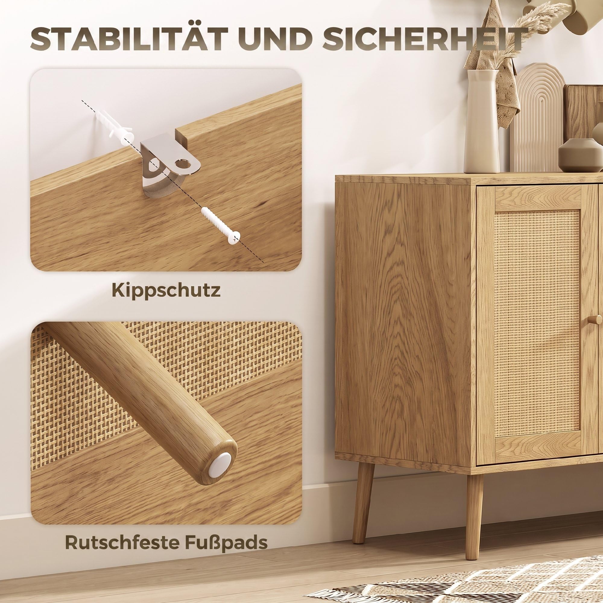 HOMCOM Sideboard Küchenschrank mit 4 Soft-Close-Türen 140x40x75 cm Natur